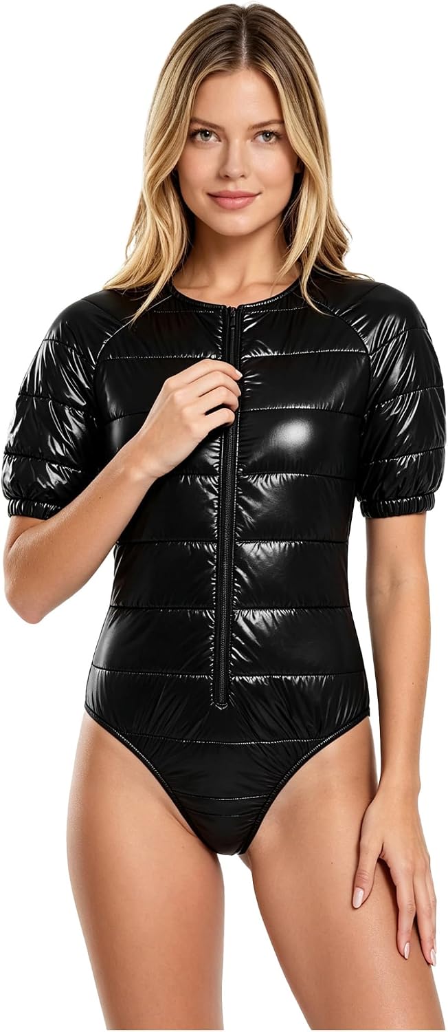Women Plastic Padding Shiny Quilted Puffer Bodysuit Coat