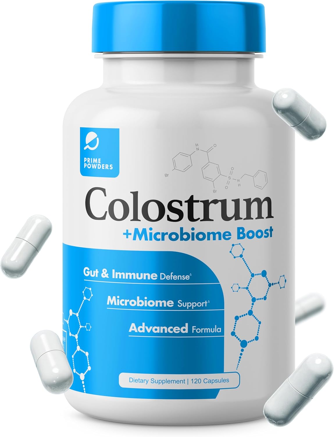 Prime Powders Colostrum Capsules | Grass-Fed Bovine Colostrum with Akkermansia Probiotic 1B AFU | Microbiome & Gut Support | High IgG Advanced Formula | 120 Capsules
