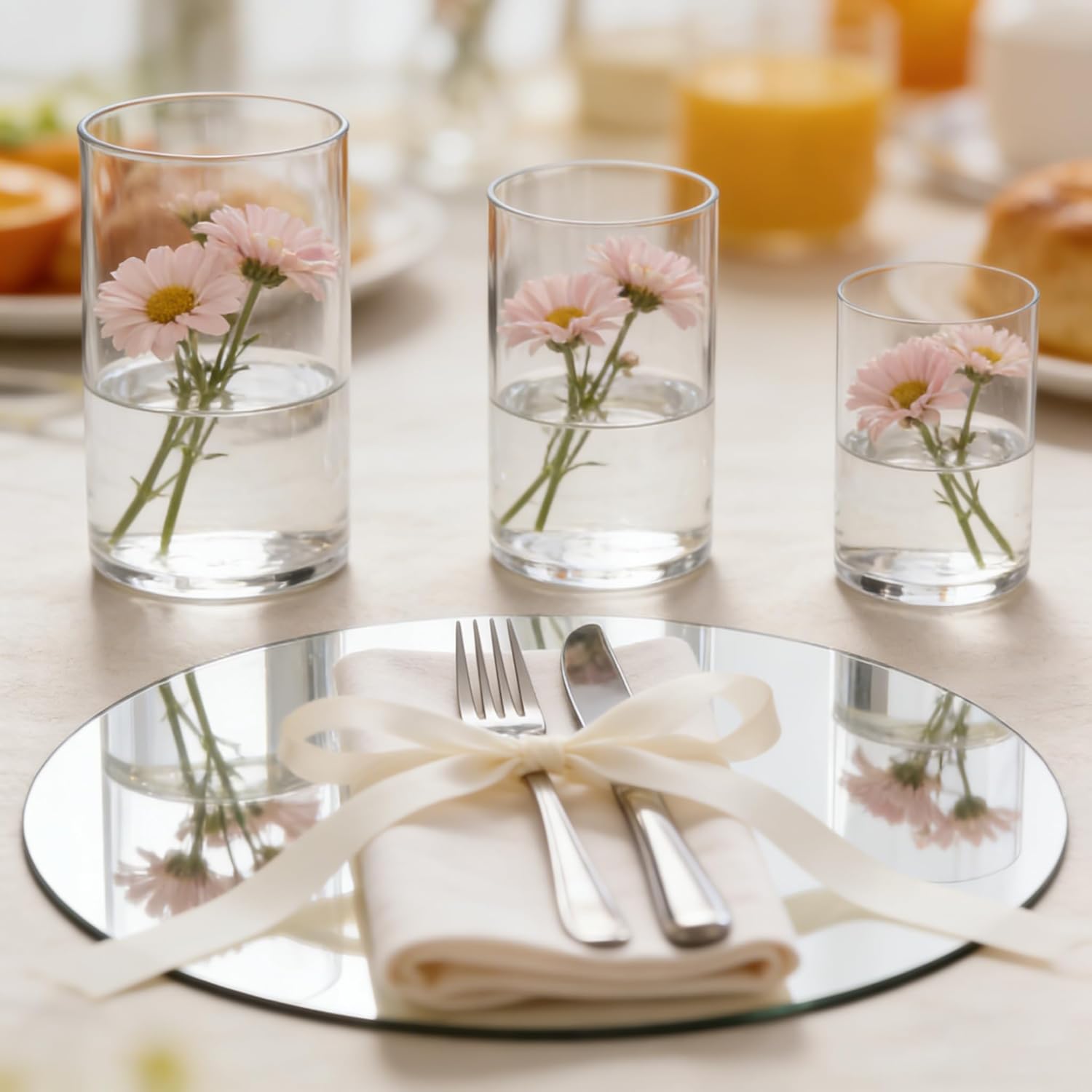 8 PCS Centerpieces Decoration for Wedding Table, 3MM Thick Acrylic Round Mirror Tray, 2 PCS Silver Circle Plate for Party Event, 6 PCS Clear Acrylic Cylinder Vase Candle Holder for Home Decor DIY