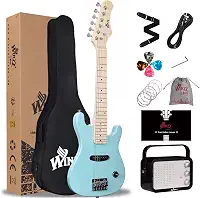 WINZZ Kit de guitarra elétrica infantil de 76 cm, mini guitarra elétrica para iniciantes com amplificador, estojo, cordas extras, palhetas, alça, cabo e chave inglesa, verde claro