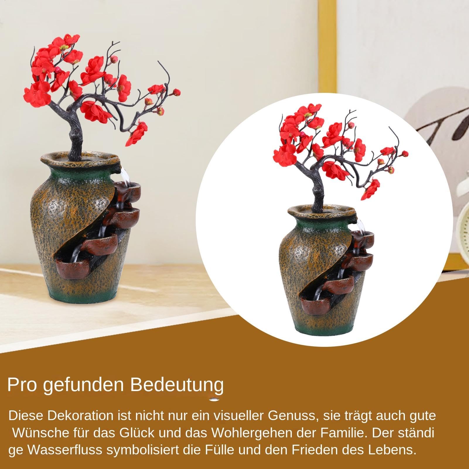 Vaso a cascata, fontana di animali - fontana da tavolo in resina torbida - flussi d'acqua e albero artificiale - Zen Relaxation Desktop Decorazione per la casa per camera da letto soggiorno | Ornamenti per acqua corrente per interni per sala da tè a sala
