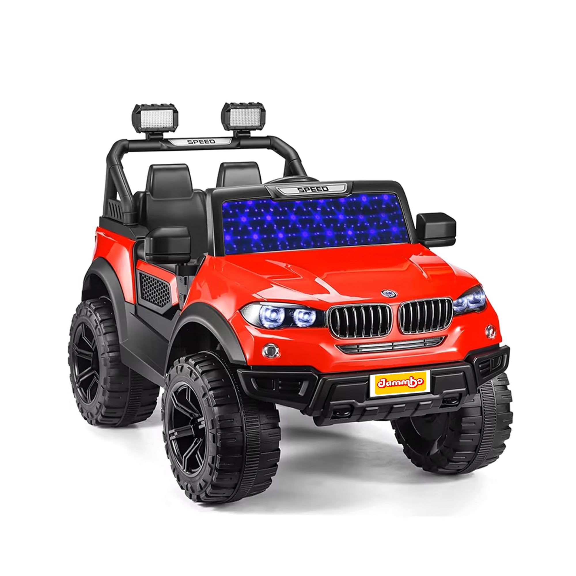 Jammbo X6 Battery-Operated Ride-on Premium Jeep Car for Kids - Dual Control Mode, Swing Function, LED Lights, Music & Connectivity - BIS Certified with Seat Belts & Springs -(Ages -2Y-8Y) -Red