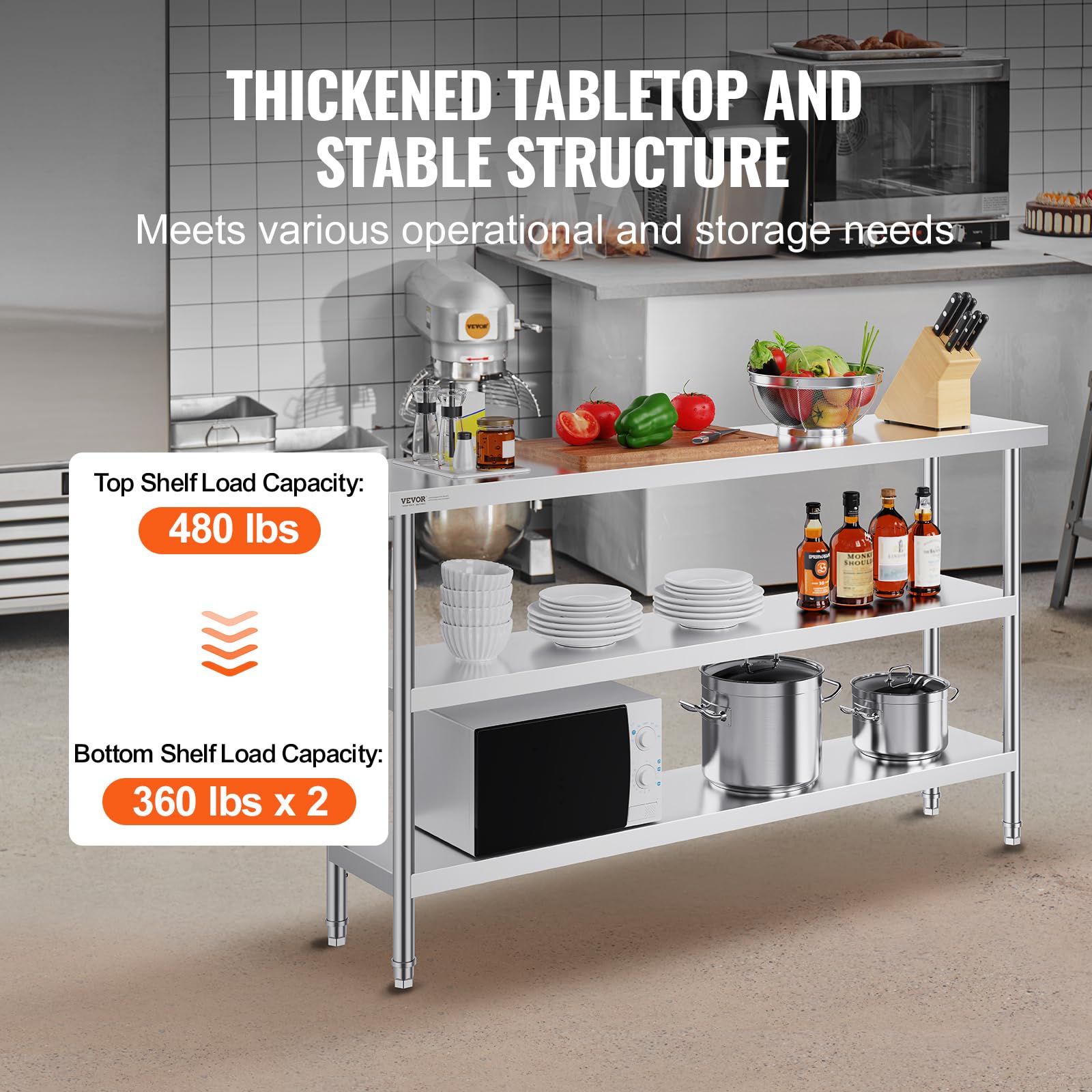 VEVOR Table de Travail en Acier Inoxydable 35,6x152,4x86,4 cm, Table de Préparation des Aliments avec 2 Étagères Inférieures Réglables, Meuble de Rangement pour Cuisine Restaurant Garage Maison