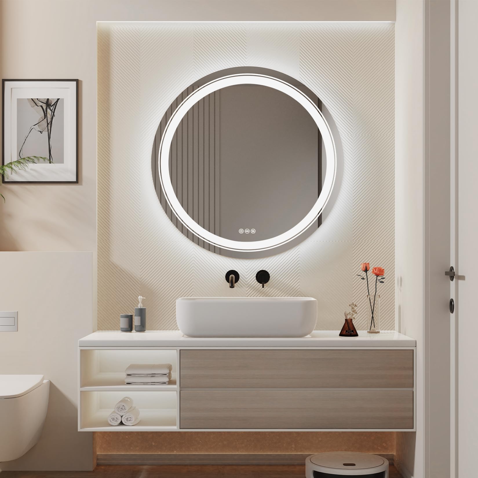 ZYLEDW 800mm Round Illuminated Bathroom Mirror - Wall Mounted Anti-Fog ...