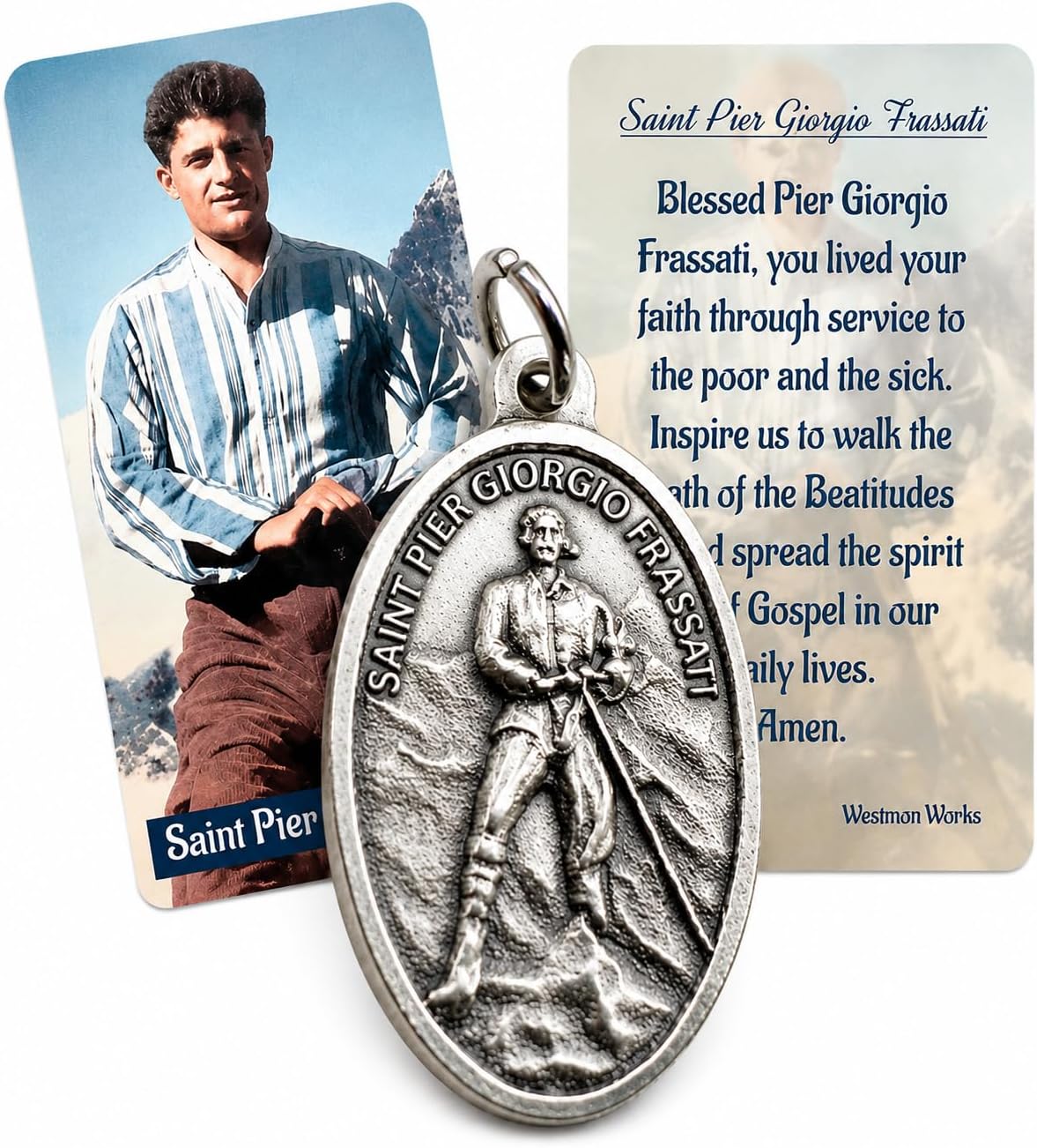 Westmon Works St Pier Giorgio Frassati Medal Set Italian Metal Medallion with New Saint Laminated USA Made Holy Card