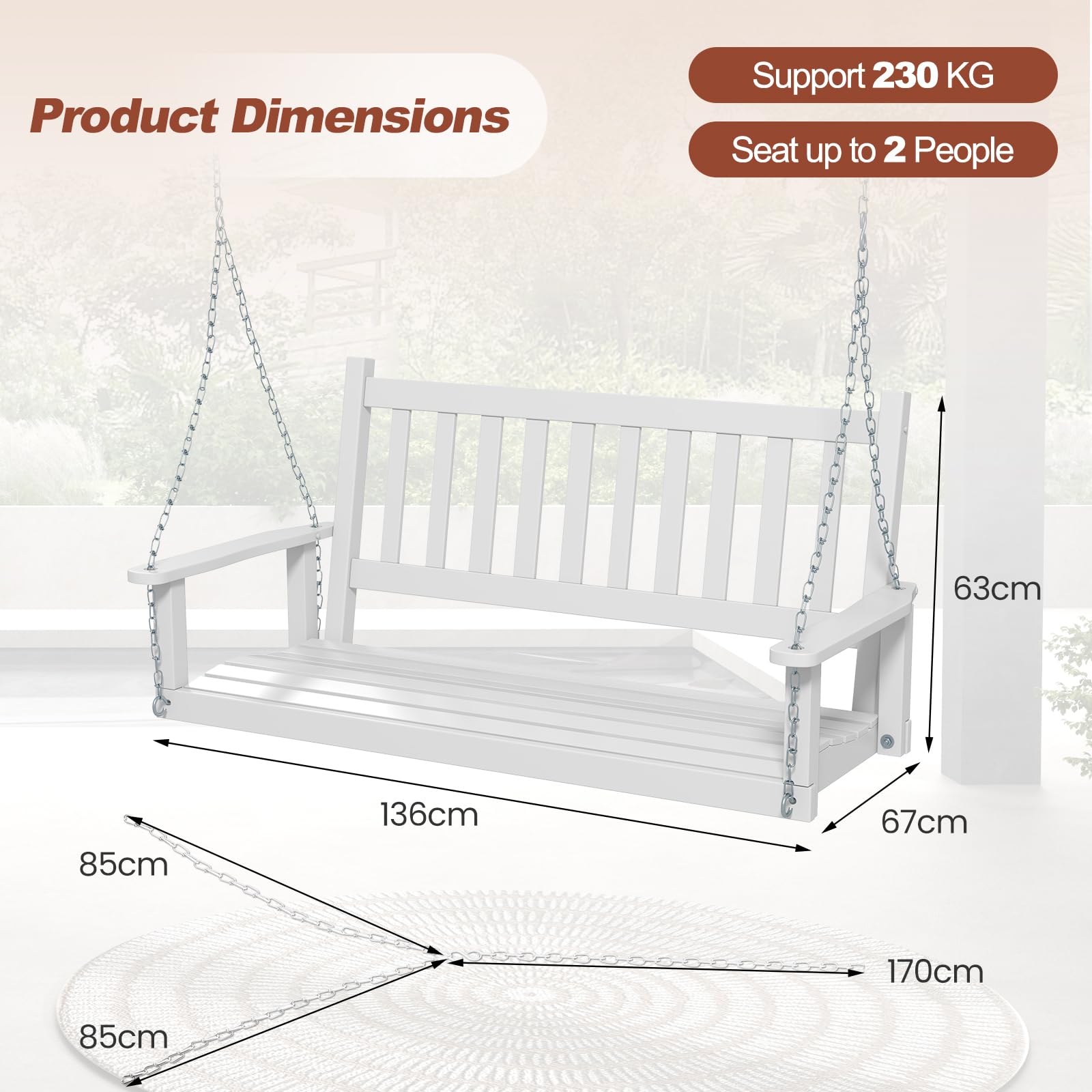 GIANTEX Altalena sospesa in legno per 2/3 persone con catene in metallo zincato regolabili e resistenti, con schienale a doghe e seduta per patio giardino (136 x 67 x 63 cm, bianco)