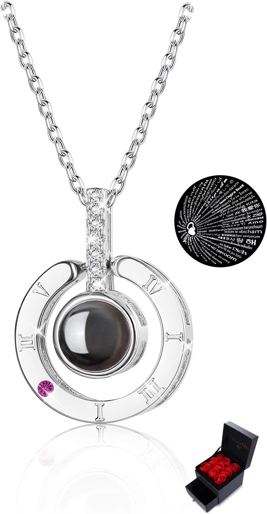 Sllaiss Austria Cubic Zirconia 100 Languages Necklace for Women Men 925 Sterling Silver I Love You Necklace Memory Personalized Gift for Her