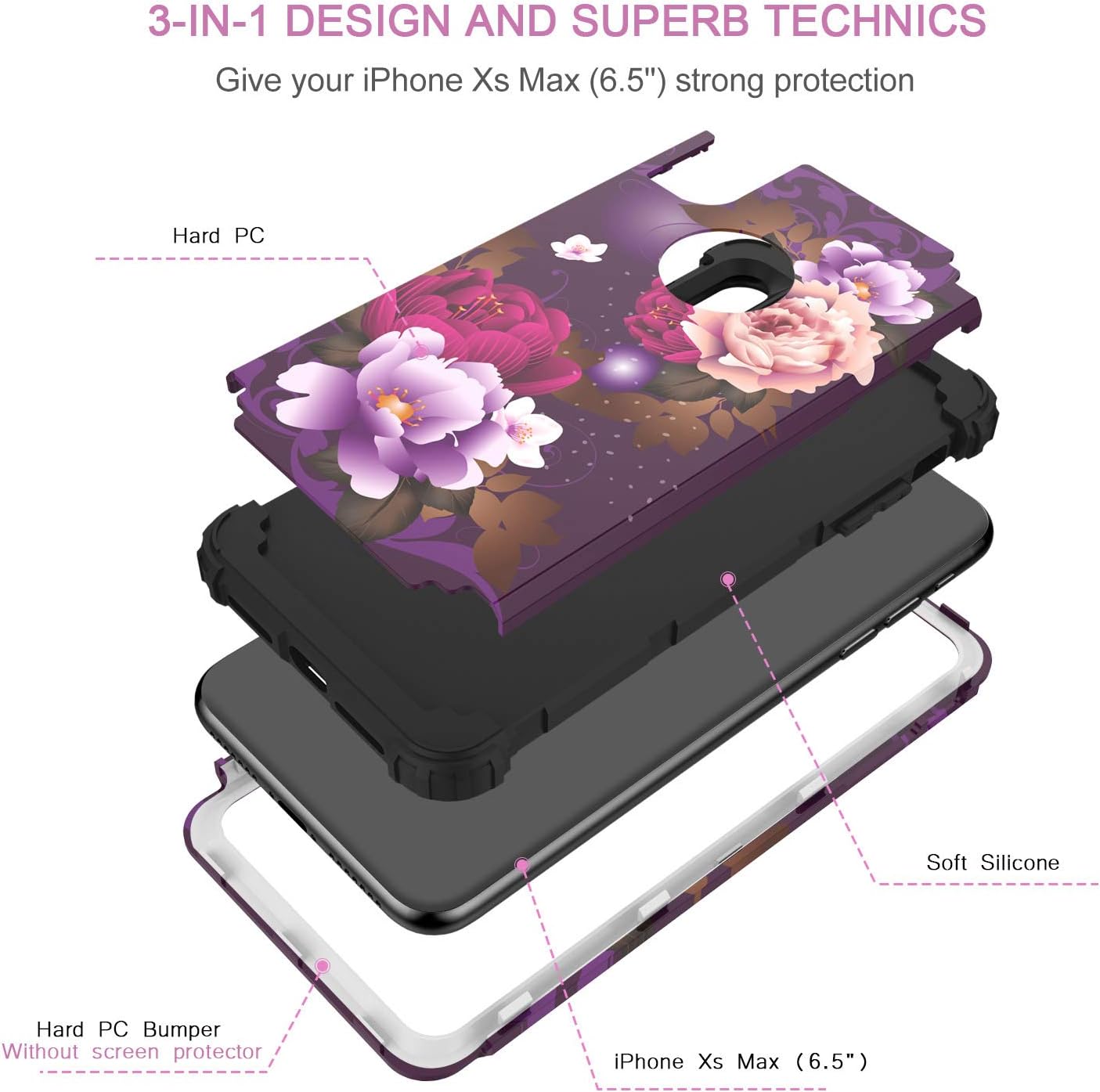 BENTOBEN iPhone Xs Max Case, Full Body Heavy Duty Shockproof Drop Protection 3 in 1 Hybrid Hard PC Soft Silicone Anti-Slip Protective Phone Cover for Apple iPhone Xs Max 6.5 2018, Purple Flower