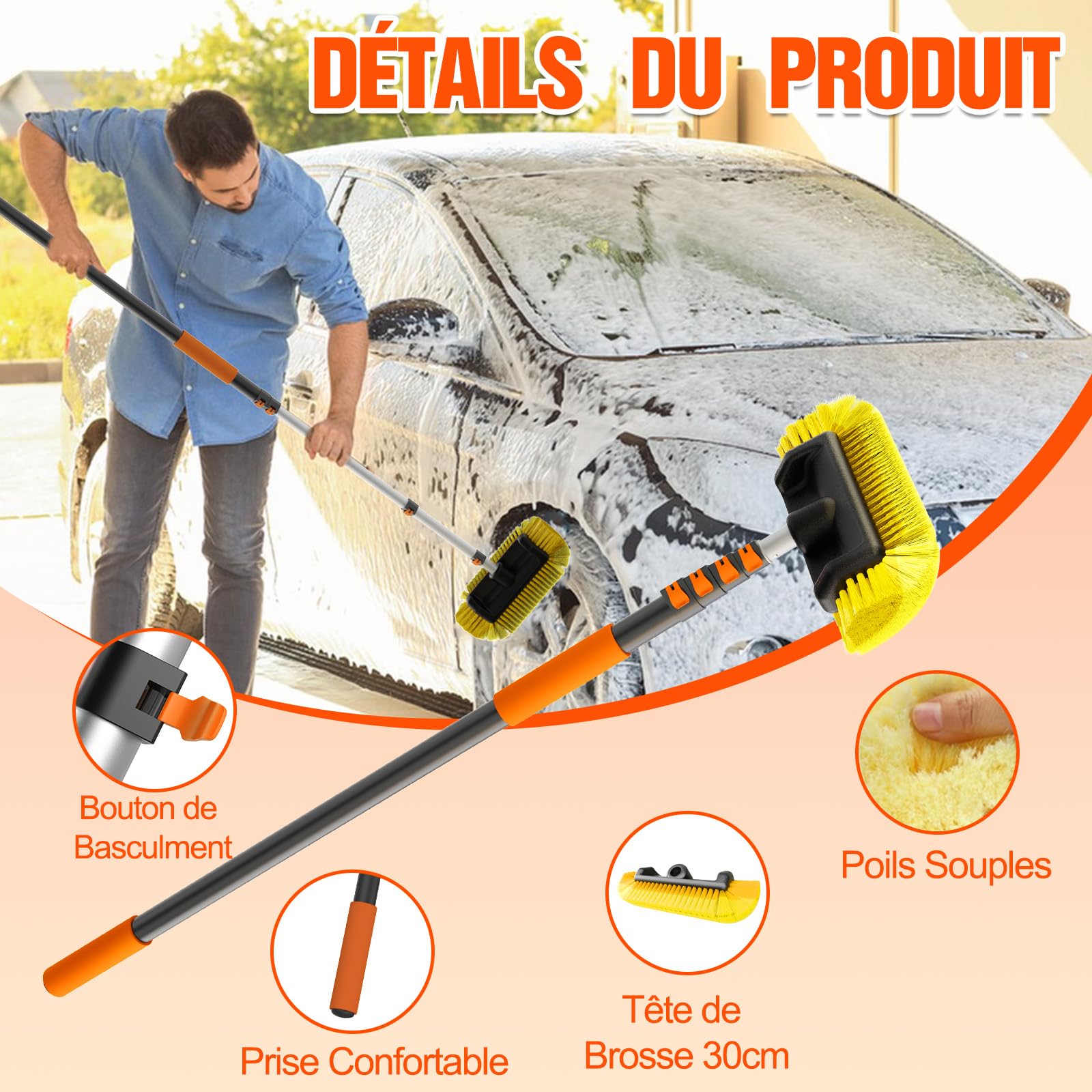 LAANPOLE 3,6m Brosse Nettoyage Voiture avec Perche Telescopique, Brosse Lavage Voiture, Balai Nettoyage Anneau Solaire pour Camping-Car, Camion, Bateau, Revêtement de Maison