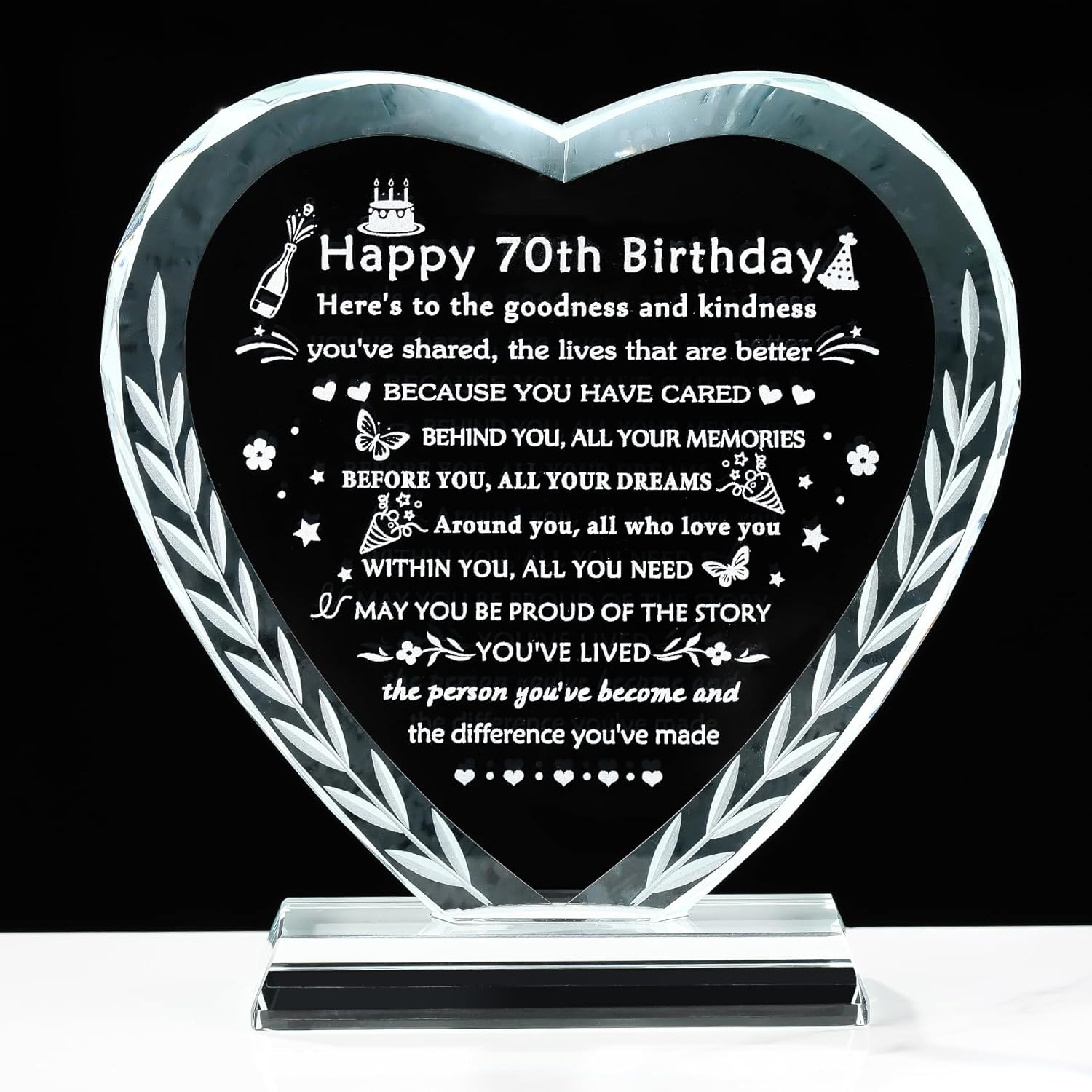 YWHL 70th Birthday Gifts for Women Men, Laser Engraving Crystal Heart Happy 70th Birthday Plaque Decorations, Gifts for 70 Year Old Women Men Mom Dad Grandma Wife Friends