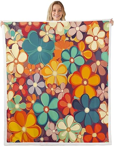Miniatura 20 de Manta de vellón Kawaii Mushroom Boho – Hippie Groovy Floral Sherpa Queen – 60s 70s Retro Vintage Theme Throw – Chic Daisy Flower Plush Geometric