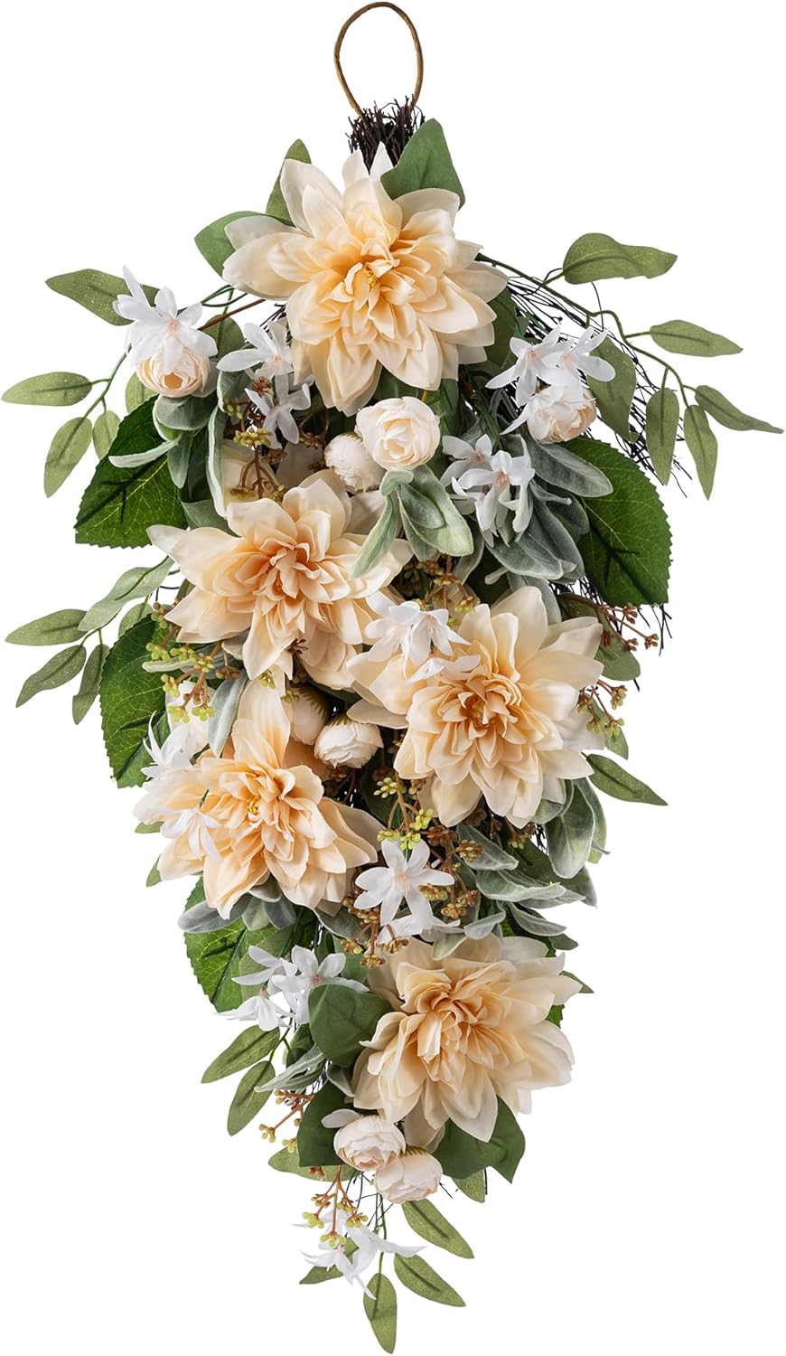 Glitzhome 28" Peach Dahlia Floral Teardrop, Spring Summer Artificial Swag Wreath for Front Door Wall Mantel and Window Decor