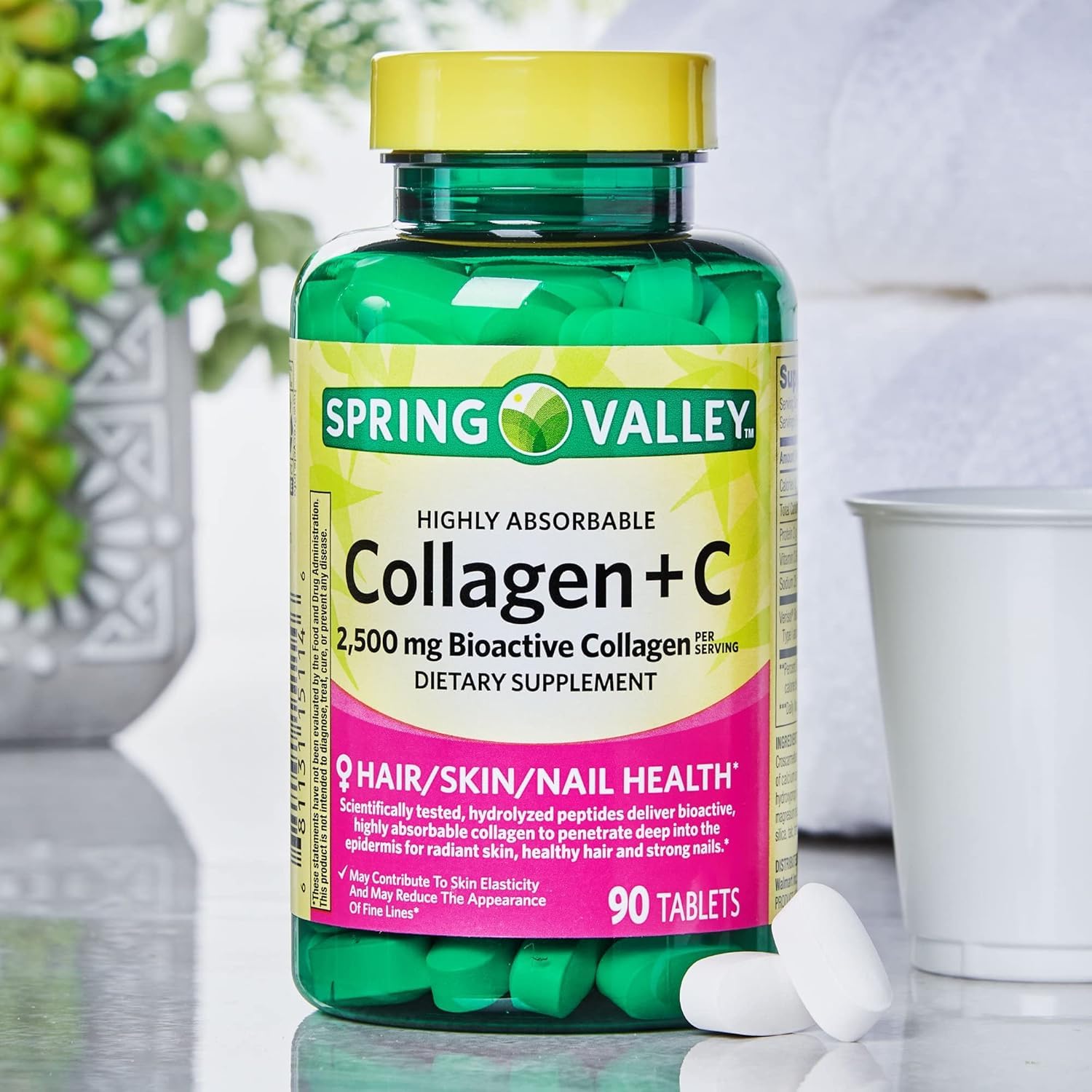 Spring Valley's Collagen + C Tablets, 2,500mg, 90 Tablets | Collagen Plus Vitamin c | Collagen + Vitamin C 60 mg | Collagen C Spring Valley Bundle with Basket Goods Store