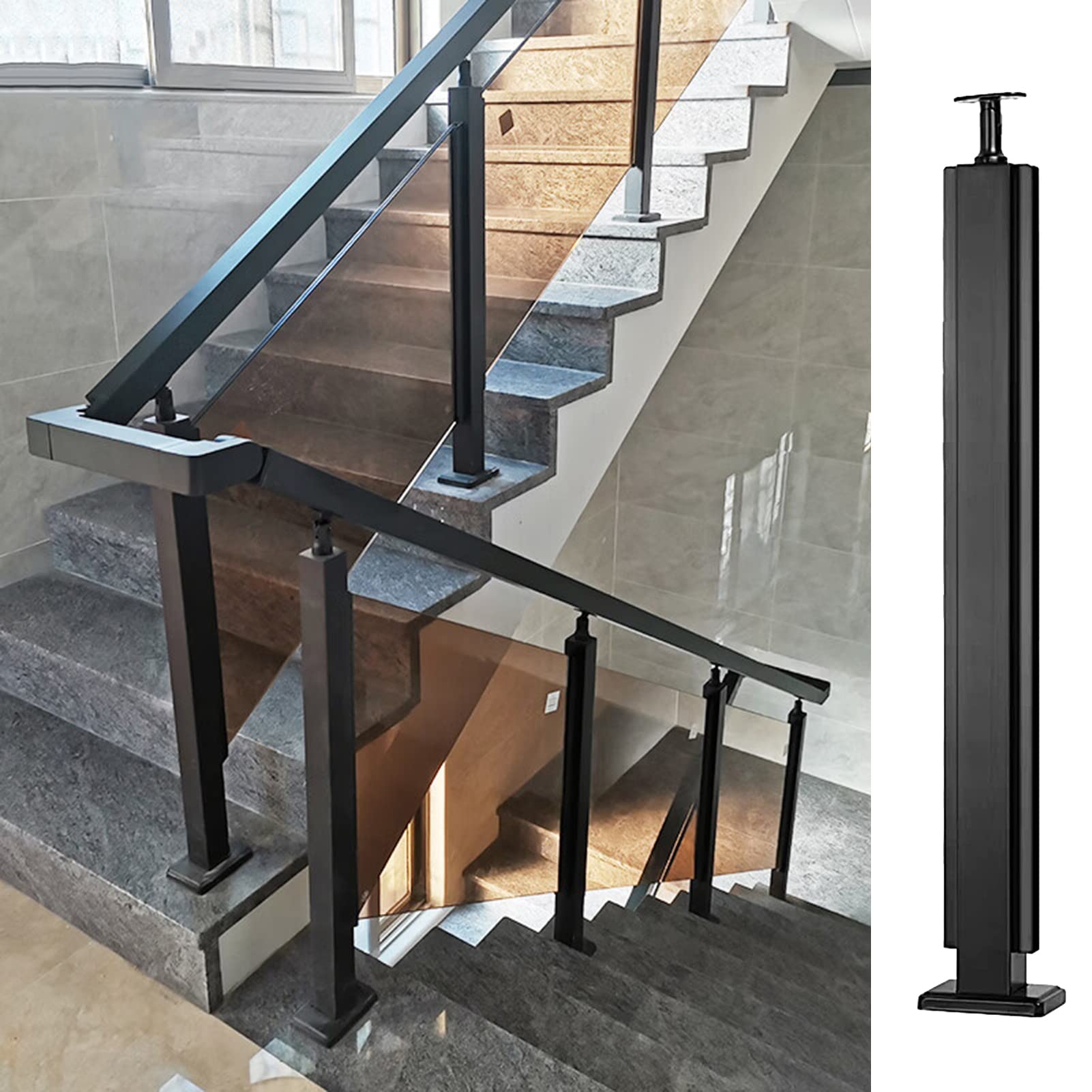 Poteau de garde-corps robuste en métal noir sur pied carré de 105 cm pour verre