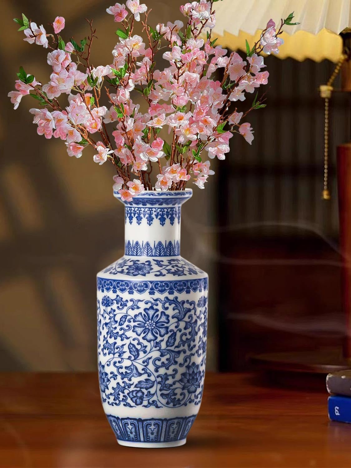 10.5 Inch Blue and White Ceramic Vase with Lotus Pattern, Chinoiserie Porcelain Flower Vase for Centerpieces, Decorative Floral Vase for Flowers and Home Decor - Bottle Shaped
