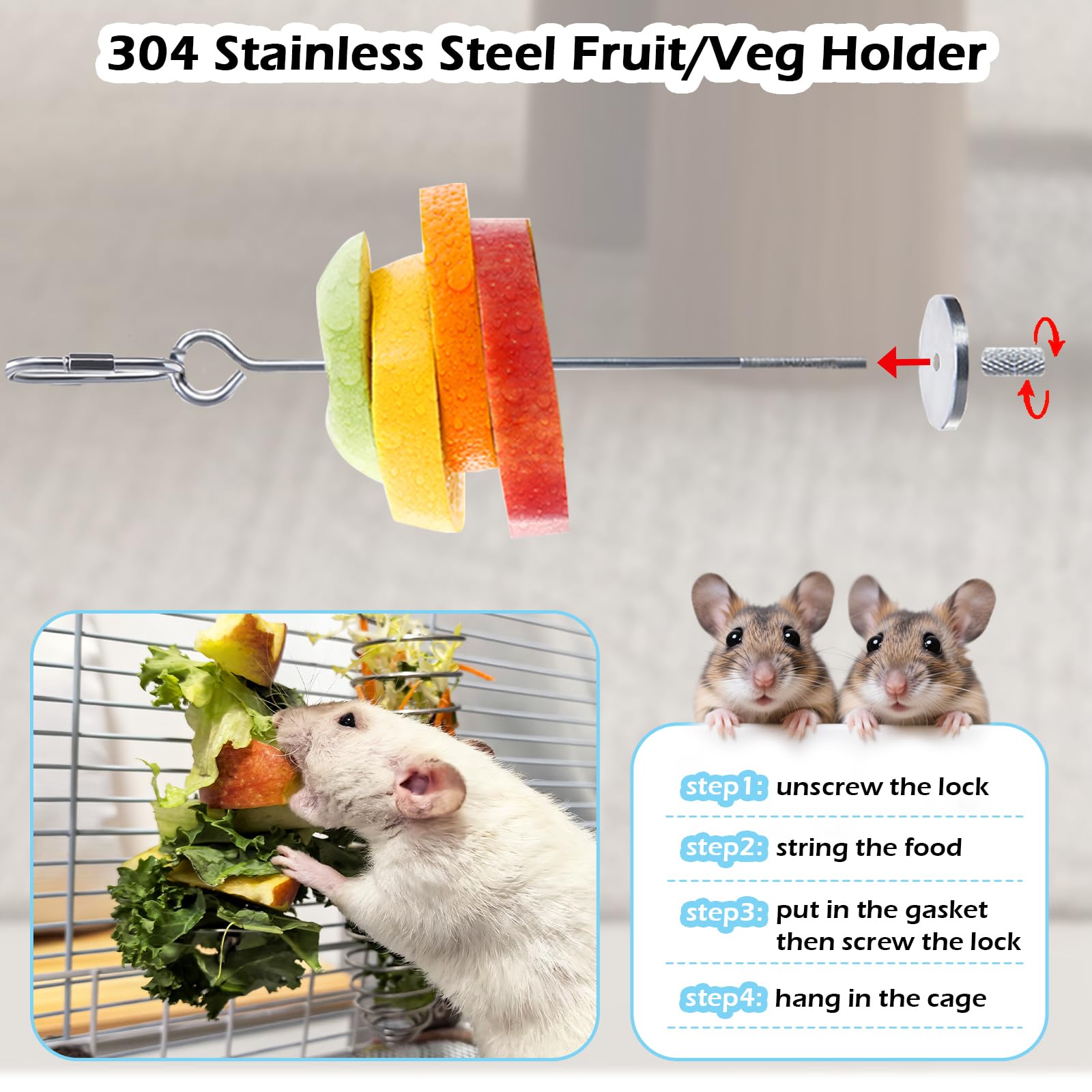 2Pcs Rat Enrichment Toys Set - Treat Dispenser & 304 Stainless Steel Fruit/Veg Holder, Interactive Foraging Puzzle Toys for Rats/Mice/Birds, Rotating Sniffing Toy with Slow Feeder & Intelligence Game - image 4