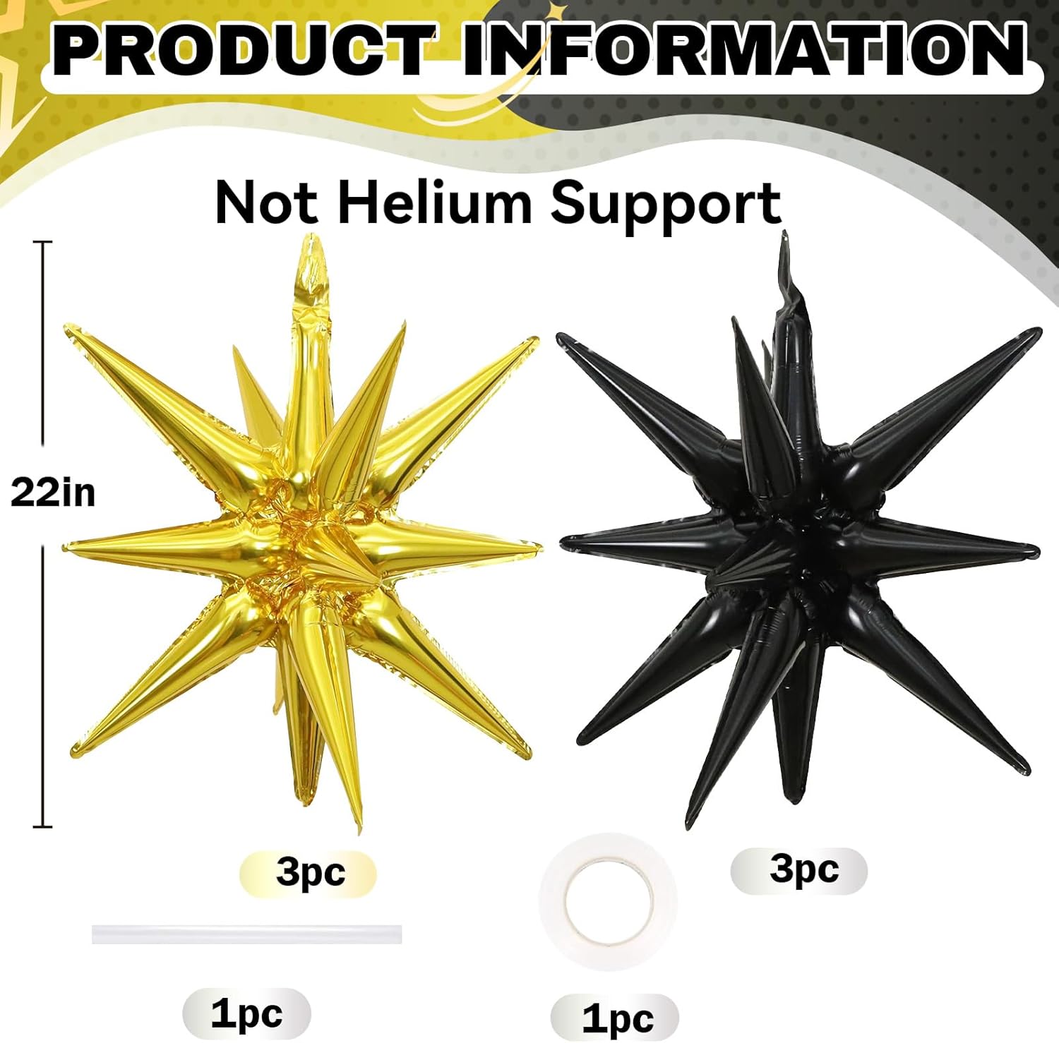 6PCS Black Gold Star Balloons, 22Inch Large Star Balloon Foil Balloons Spike Cone Balloon for Graduation Retirement Birthday New Year Party Decoration - Image 2