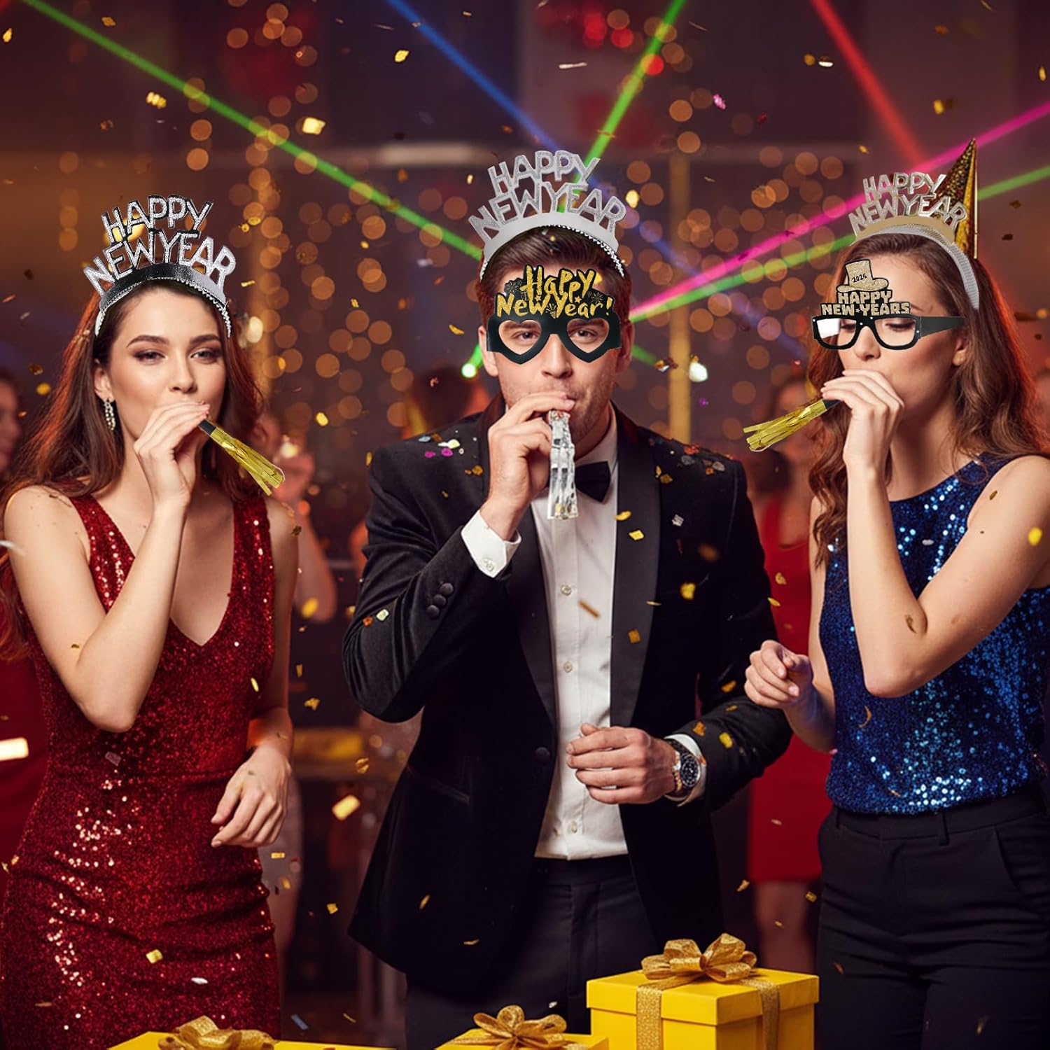 48Pcs 2026 New Years Eve Party Supplies, Headband Tiara, Fringed Noise Makers, New Year Glasses 2026 Happy New Year Party Decorations - Image 3