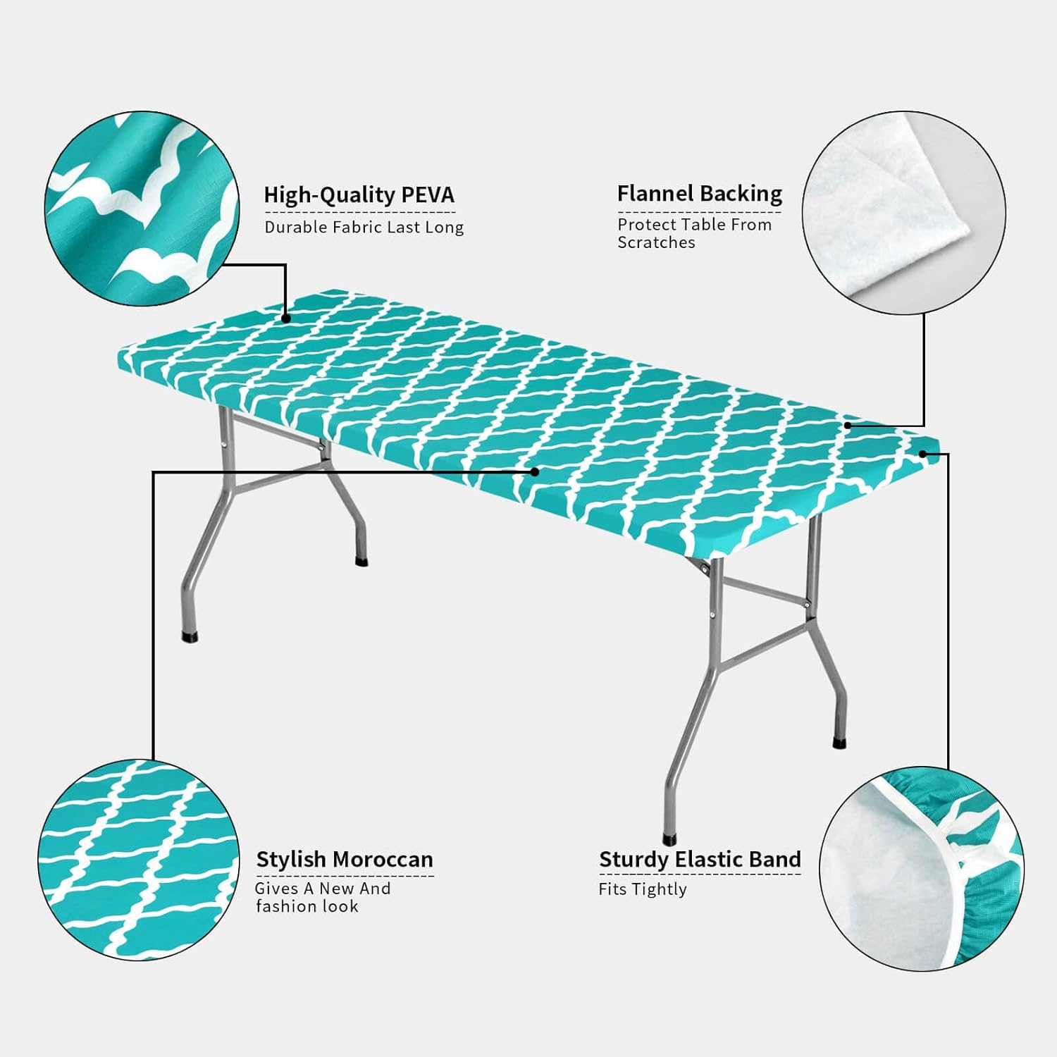 OutdoorLines Vinyl Fitted Picnic Table Cover with Bench Covers - Elastic Waterproof Camping Tablecloth for Picnic Table (Moroccon Teal 96x30 Inch, 3 Pcs)