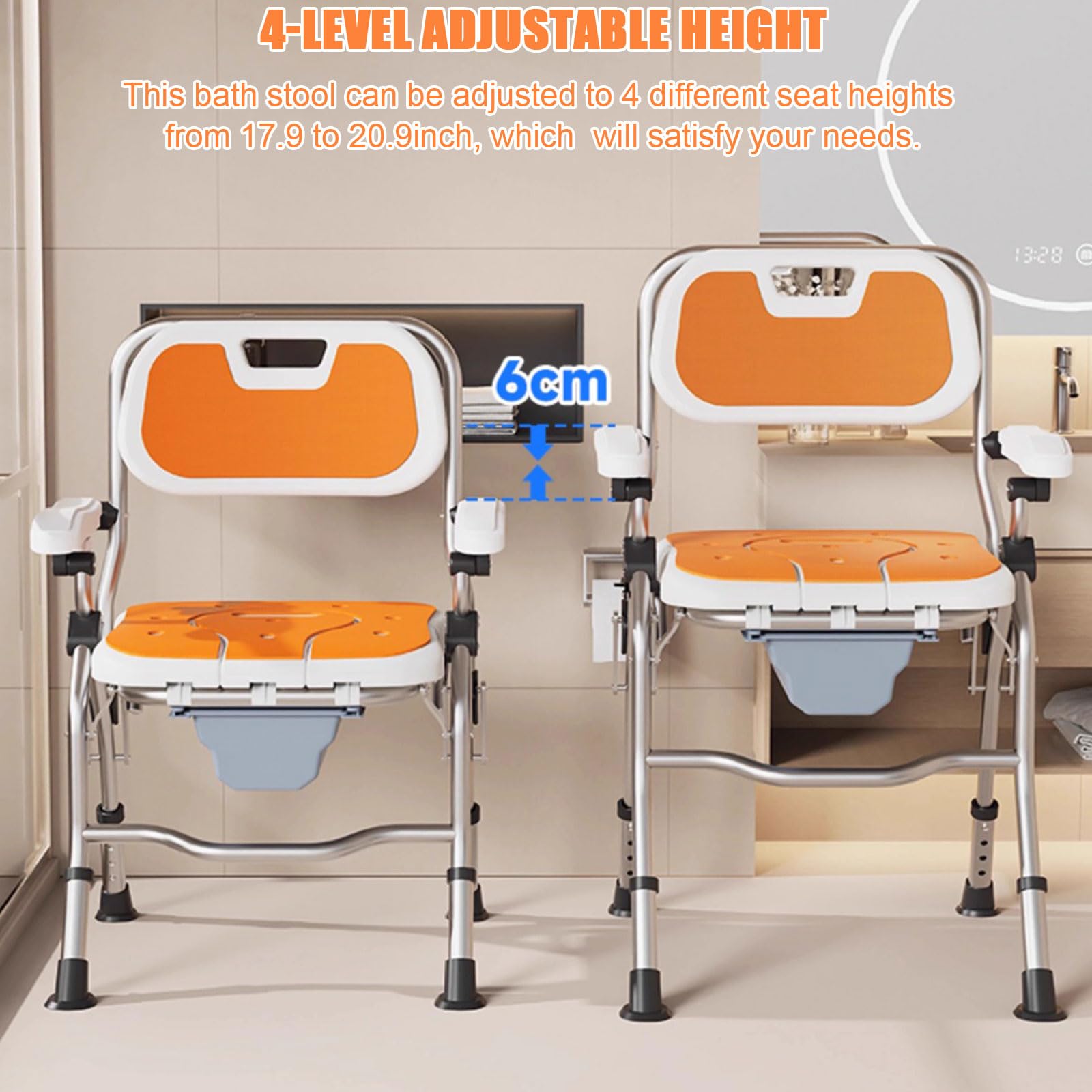 Silla de baño con Inodoro 3 en 1, Silla de Ducha Plegable, Taburete de baño Ligero, Ajustable en 4 Niveles, Patas Antideslizantes, Recorte for privacidad, Ideal for Embarazadas y Personas Mayores.