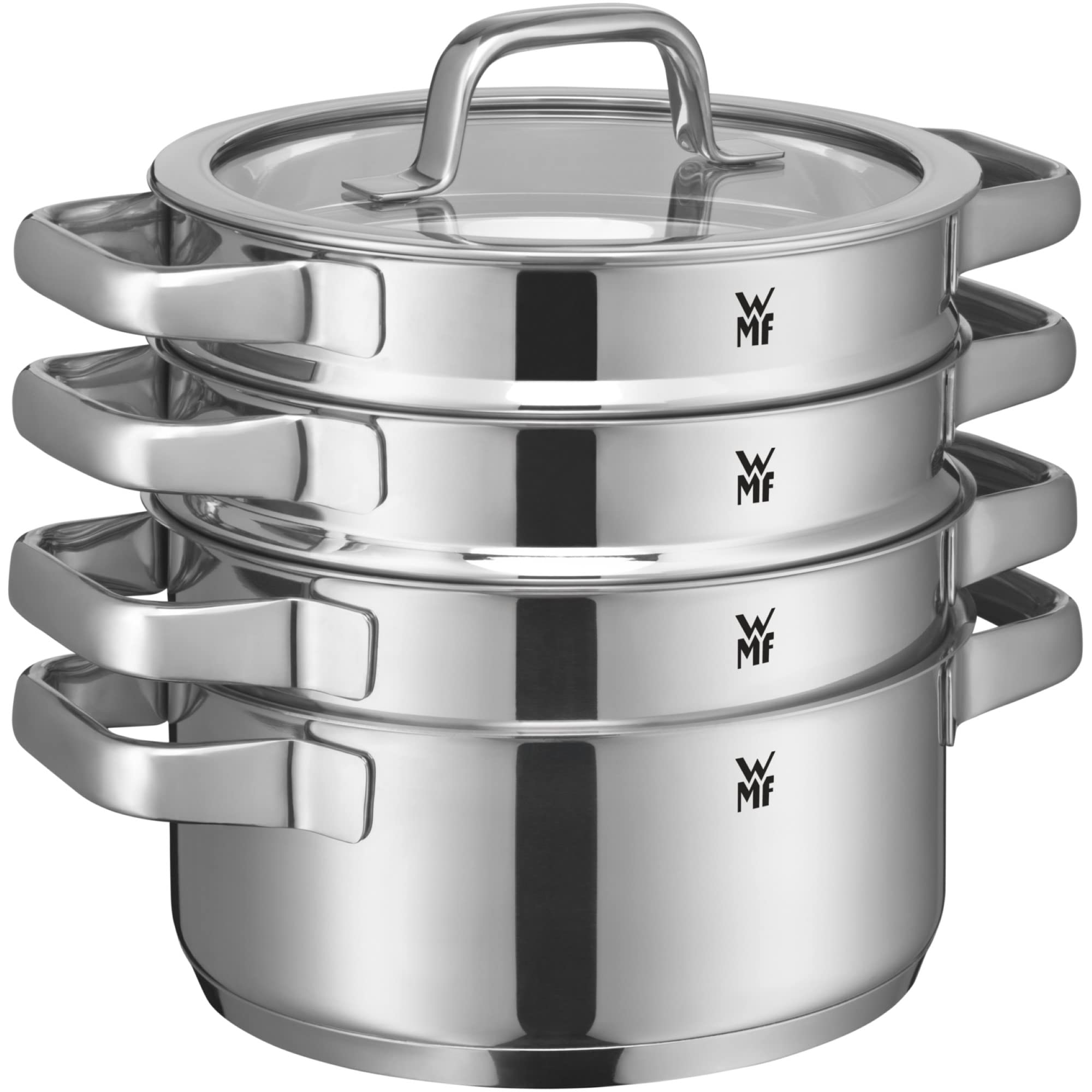 WMF Compact Cuisine - Set di pentole a induzione, 5 pezzi, con coperchio in vetro, in acciaio inox Cromargan lucidato, non rivestito, scala interna