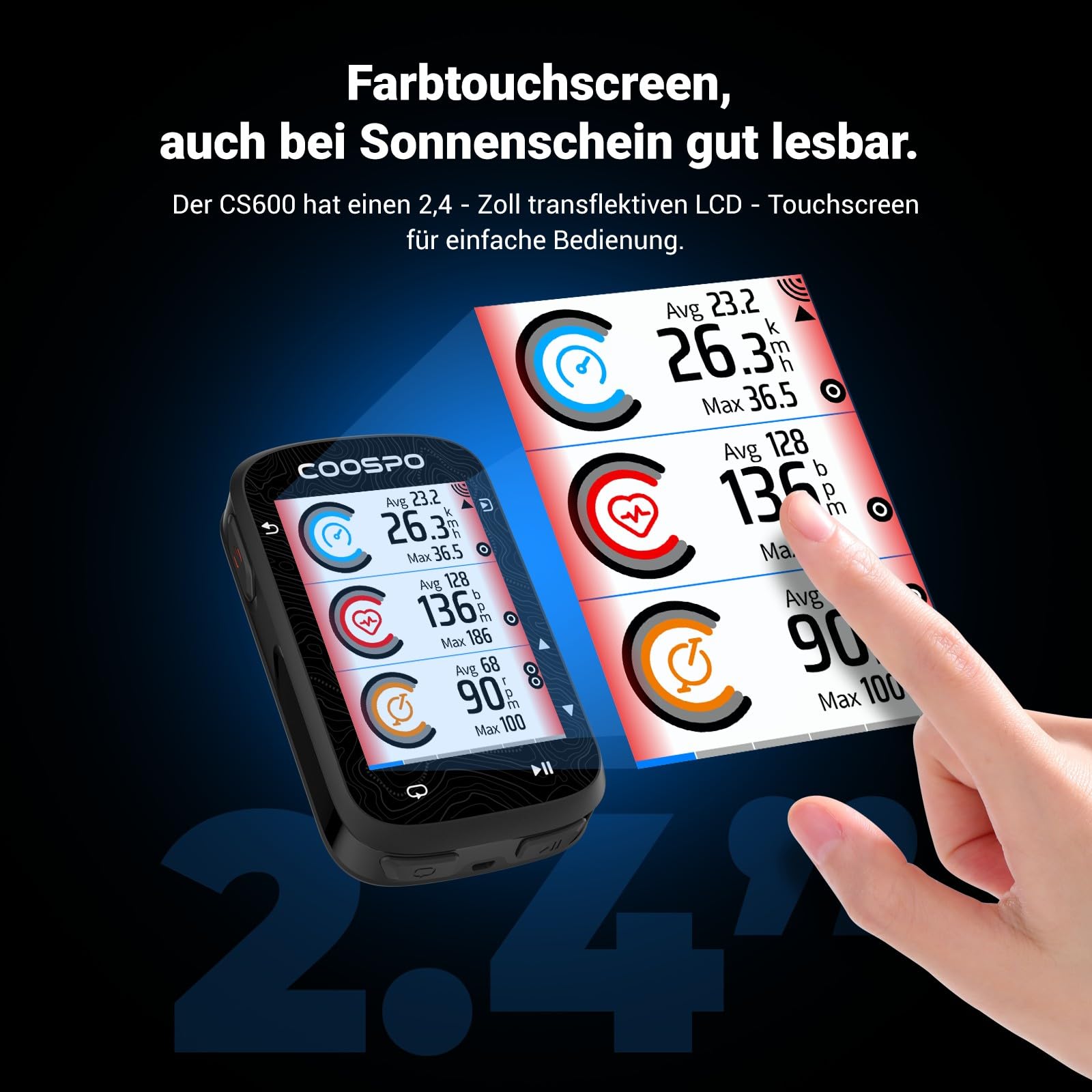 COOSPO Farbtouchscreen GPS Fahrradcomputer CS600, Wireless IPX7 Wasserfestes Fahrrad-GPS-Tachometer mit Bluetooth/ANT+, Hintergrundbeleuchtung & Routennavigation, unterstützt Fahrradradar & 36H