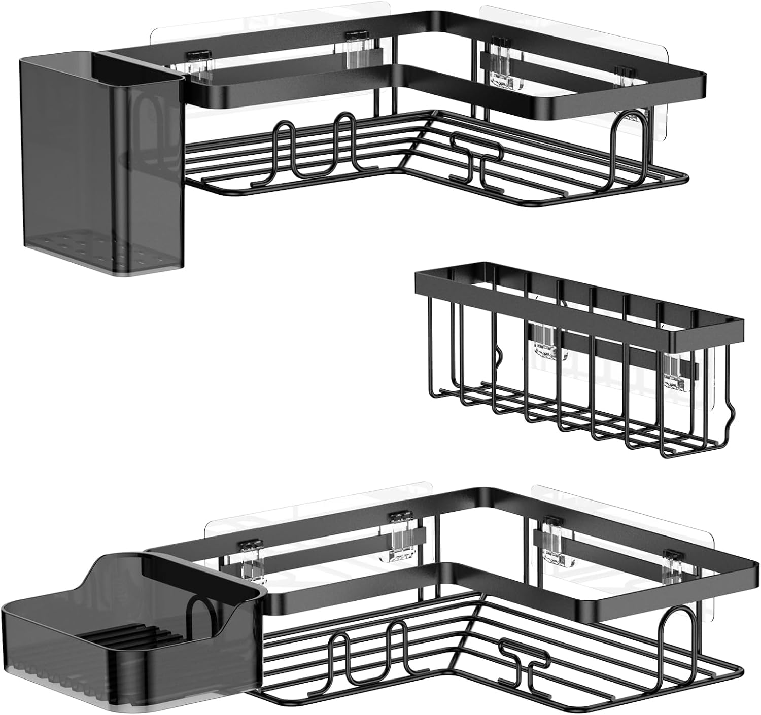 YEAUPE PRO Corner Shower Caddy 5 Pack, No Drill Adhesive Bathroom Shelf Set with Basket, Soap Dish & Toothbrush Holder, Matte Black