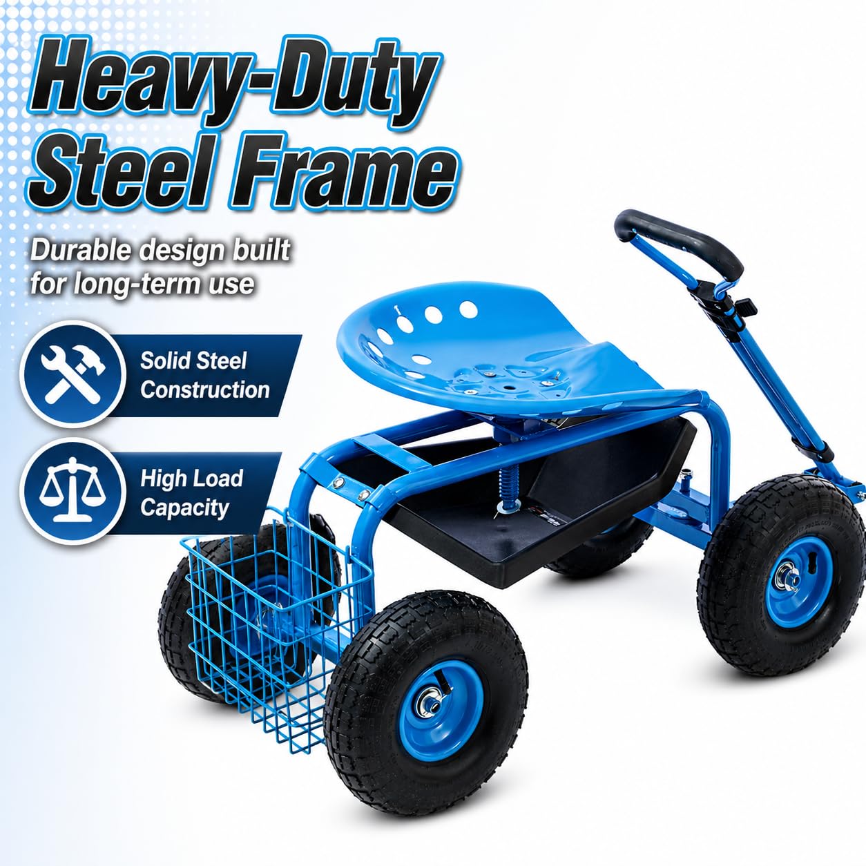 KATSU Tools Carrito de jardín rodante con mango de dirección extensible, bandeja de herramientas de utilidad, asiento de trabajo giratorio de 360° y altura ajustable, carrito de taburete de taller