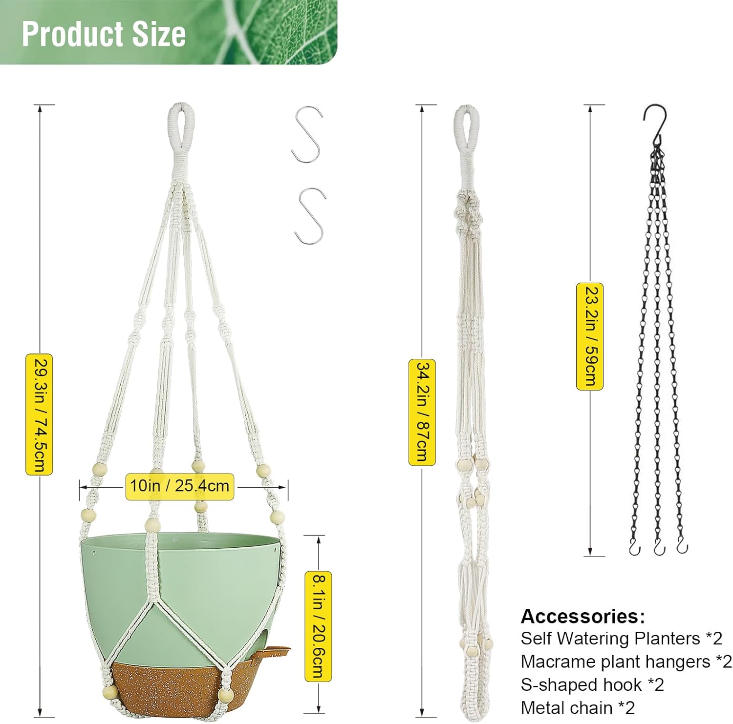 Meowell 10 inch Self Watering Hanging Planters for Indoor Plants, 2 Pack Hanging Baskets for Outdoor Plants, Hanging Flower Pots with Drainage Holes & 2 Kinds of Plant Hangers for Home Decor, Green
