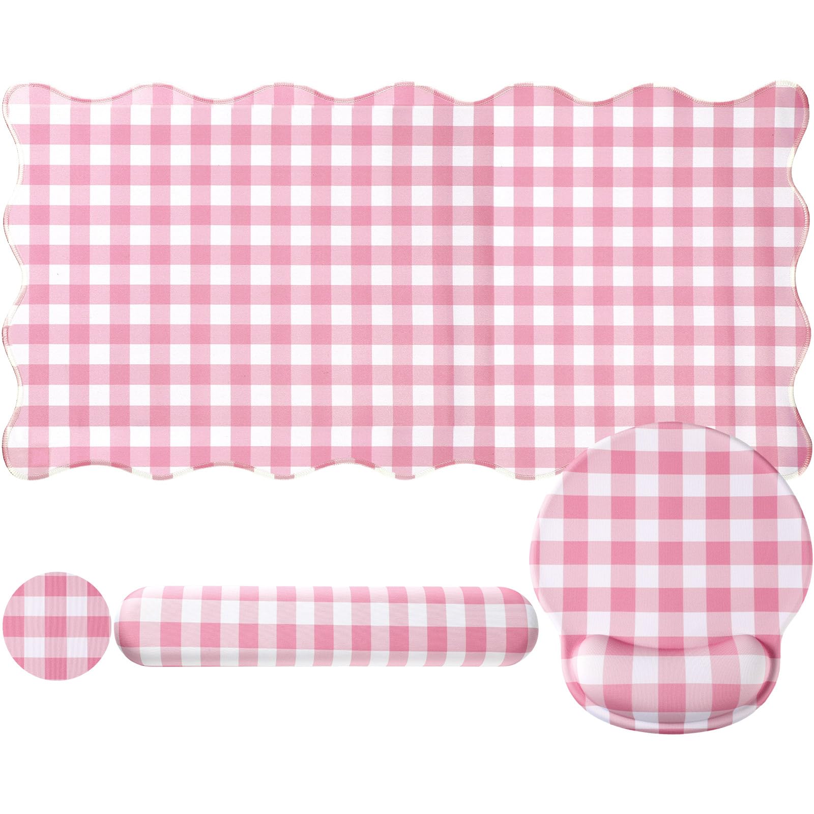 Sabary Set di tappetini da scrivania a quadretti, con poggiapolsi, ergonomici, per tastiera, supporto per il polso, tappetino per computer con bordi smerlati, antiscivolo, per casa e ufficio (rosa, 90