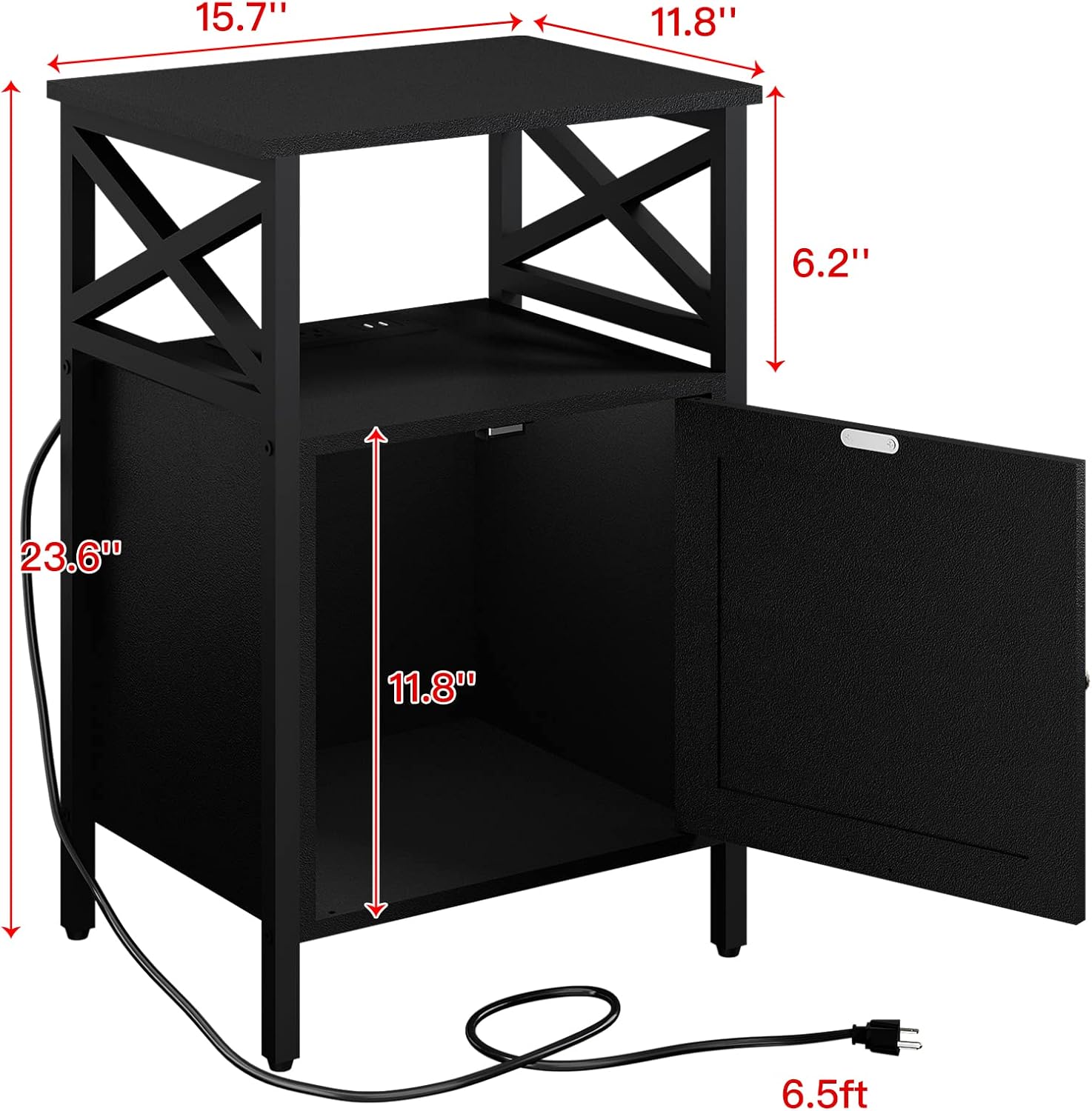 End Table with Charging Station, Side Table with Power Outlet & USB Ports, Nightstand with 2 Tiers Storage Space and Storage Cabinet, Sofa Side Tables for Bedroom, Living Room,Office, Black
