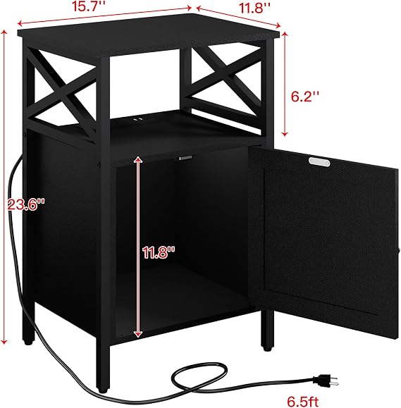 End Table with Charging Station, Side Table with Power Outlet & USB Ports, Nightstand with 2 Tiers Storage Space and Storage Cabinet, Sofa Side Tables for Bedroom, Living Room,Office, Black