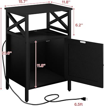 End Table with Charging Station, Side Table with Power Outlet & USB Ports, Nightstand with 2 Tiers Storage Space and Storage Cabinet, Sofa Side Tables for Bedroom, Living Room,Office, Black