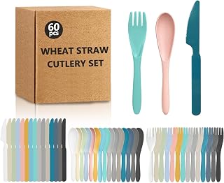 60 Pcs Plastic Toddler Utensil Set, Reusable Wheat Straw Cutlery Set for Kids, Children Knives, Spoons and Forks Set, BPA Free, Dishwasher Safe