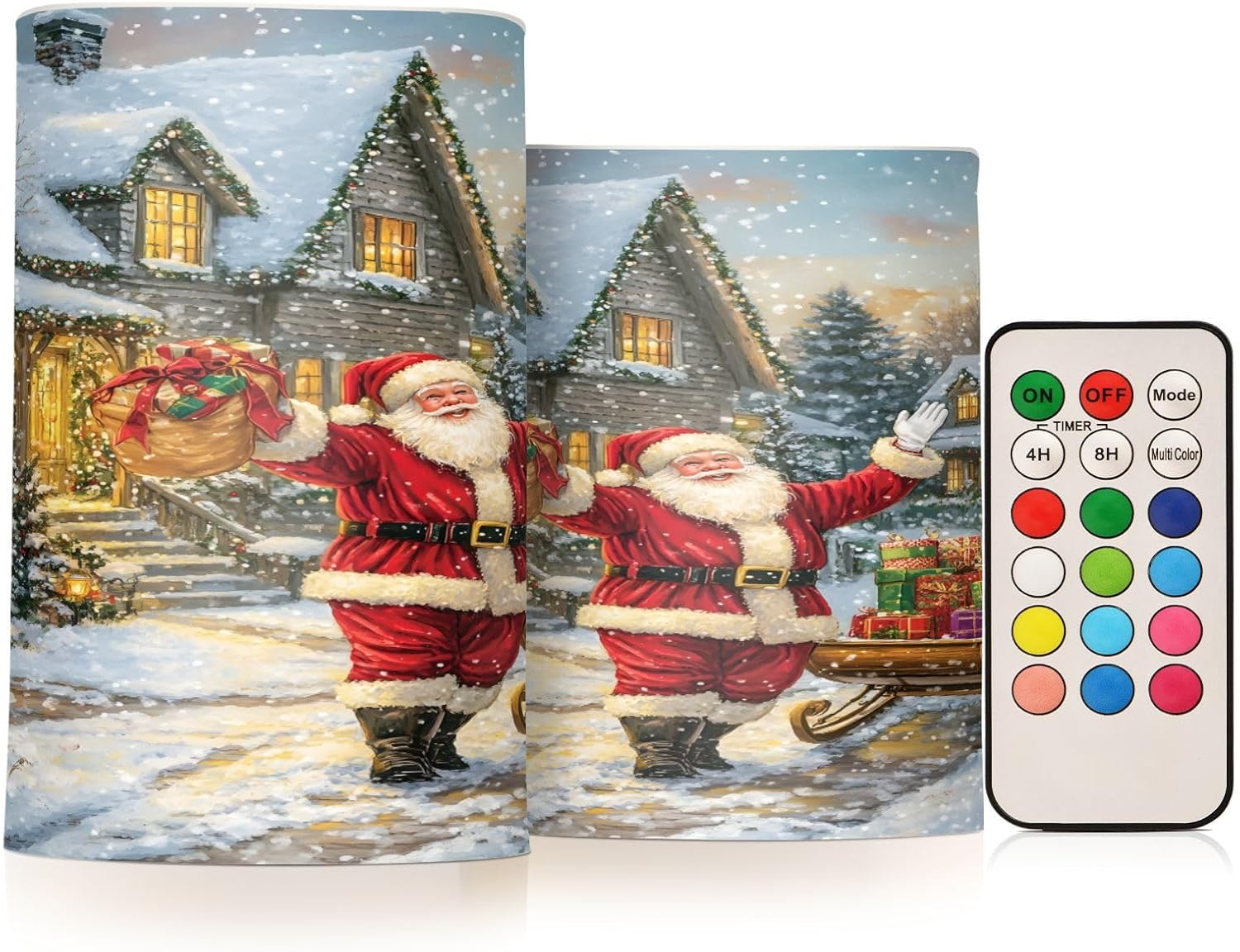 ALAZA Santa Claus Castle Xmas Merry Christmas Flickering Flameless Candles Pillar Led Candles Battery Operated Candles with Remote and Timers Set of 2
