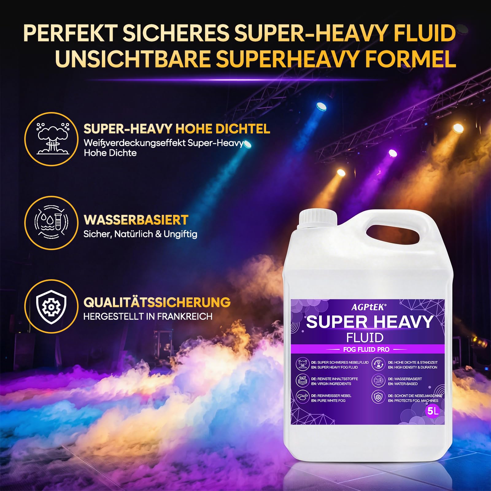 AGPtEK Nebelmaschine & 5L Nebelfluid mit hoher Dichte Set | Rauchmaschine mit Auto-Sprühmodus, 13 RGB-LEDs, 2000CFM, wasserbasiertes Fluid (400-1500W) für weiße Effekte innen & außen