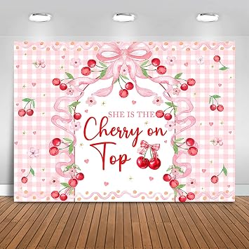Shes The Cherry on Top Baby Shower Backdrop 7x5ft Pink Bow Baby Shower Background ديكورات الحفلات للفتيات Cherry Birthday Bridge Shower Banner Photo Booth Props