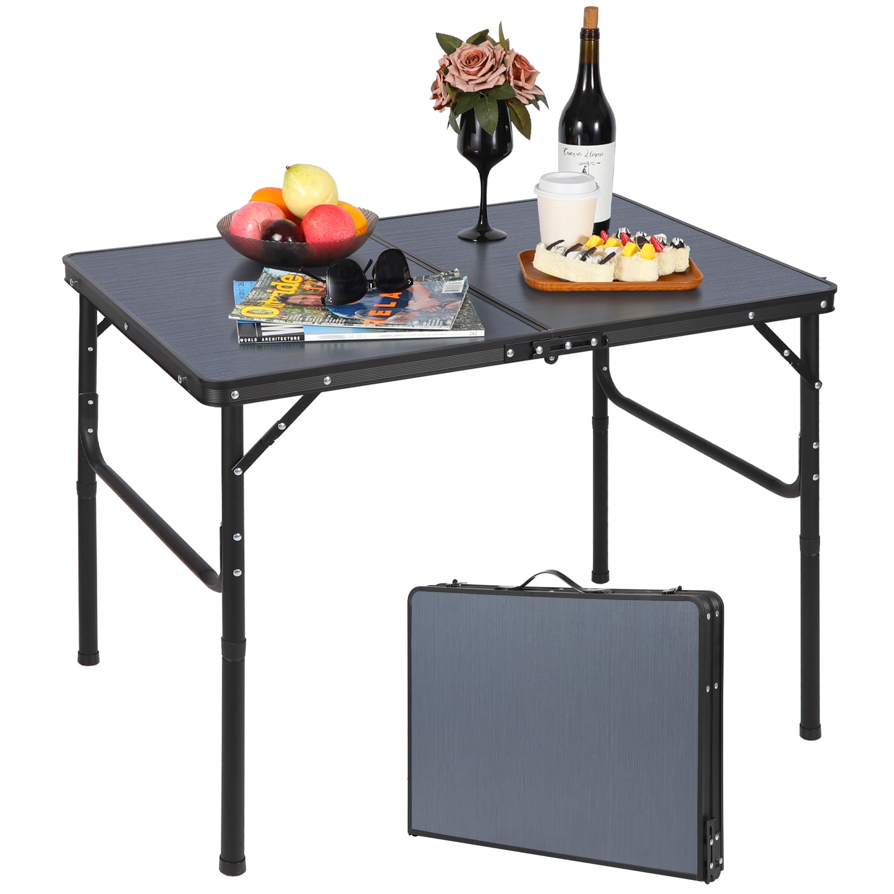Table de camping pliable REDCAMP 90x60 cm avec hauteur réglable pour balcon et extérieur, gris foncé
