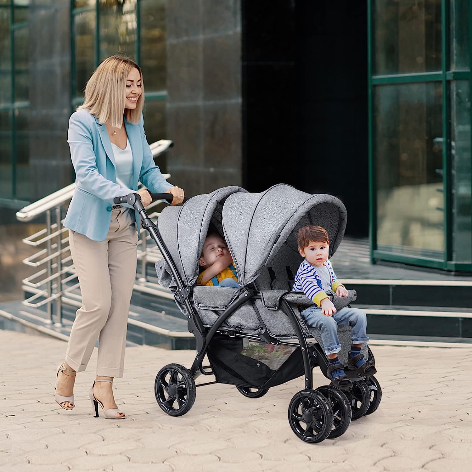 RELAX4LIFE Poussette Double pour Jumeaux Pliable 0 à 36 Mois | Poussette Canne de Bébé avec Capote, Charge Max 15 kg, Guidon et Repose-pied Réglables, Dossiers Inclinables