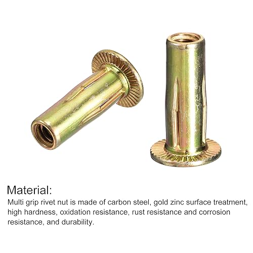 Miniatura 4 de uxcell 516-18 Tuercas remachadoras multiagarre, 100 piezas de vástago preabombado cabeza plana roscada tuerca de inserción chapada en zinc dorado,