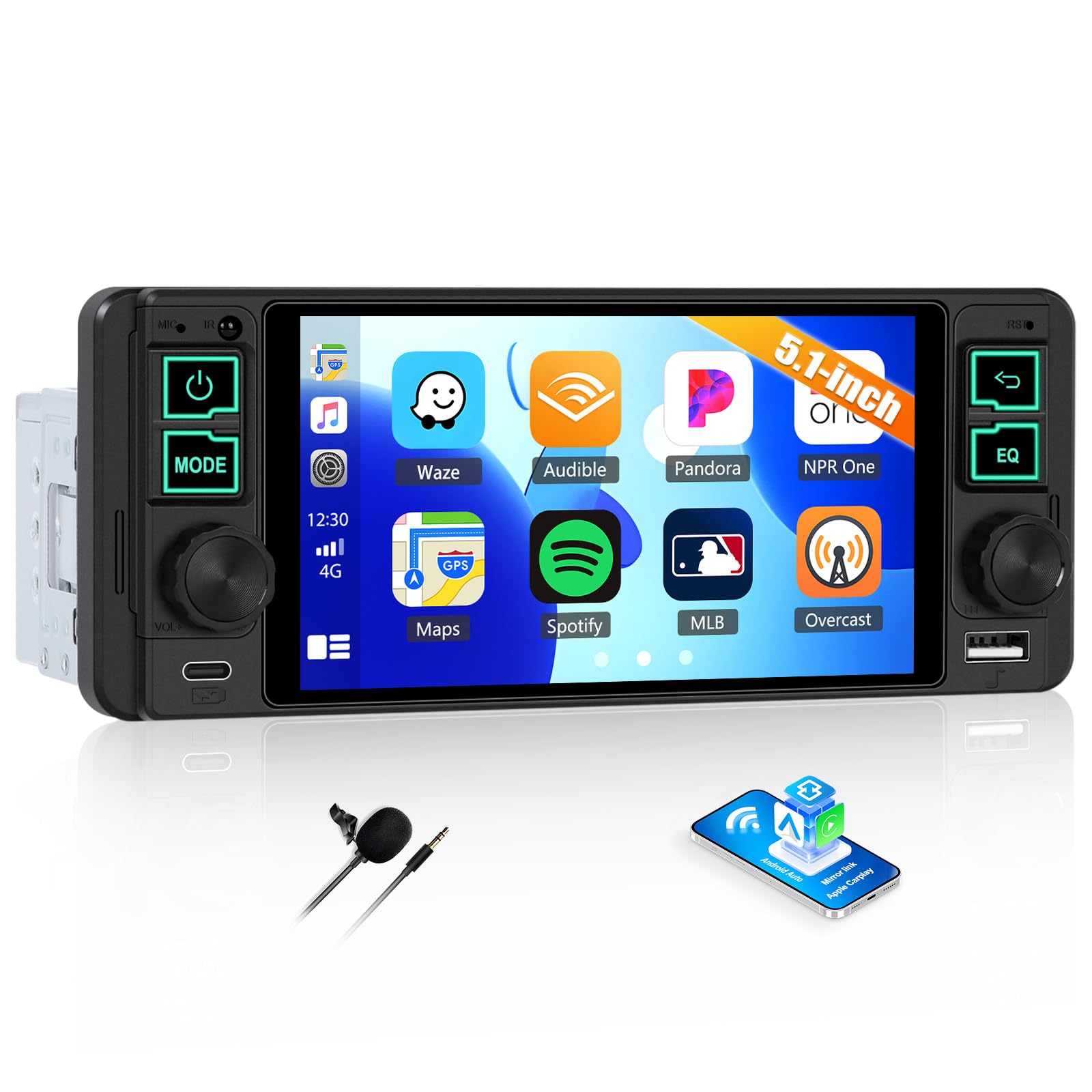 1 Din Autoradio mit 5.1 Zoll Bildschirm mit Wireless Carplay Android Auto, Bluetooth 5.2 Freisprecheinrichtung HD Display Radio mit Mirror Link USB/AUX FM Radio SWC EQ +MIC
