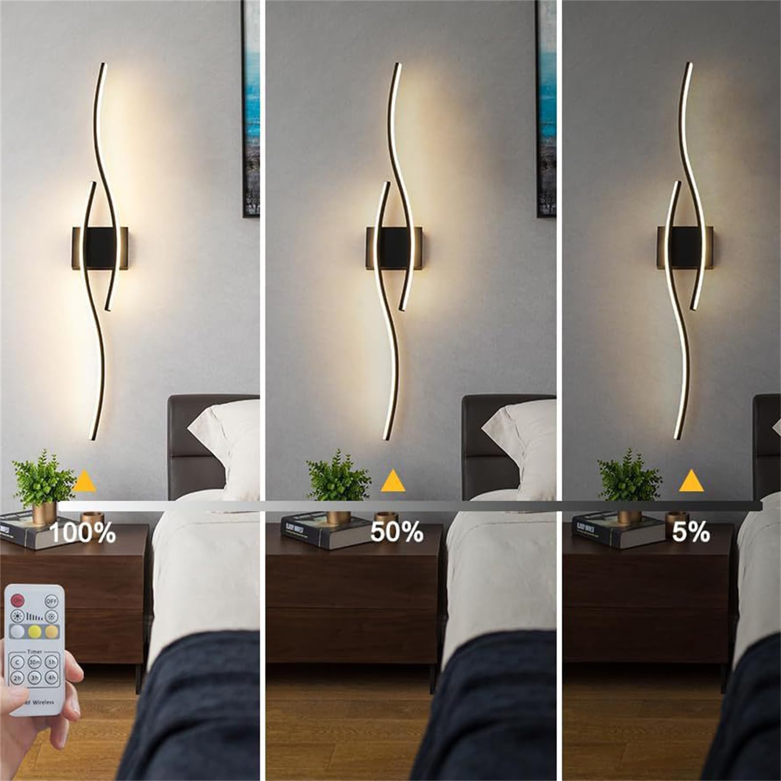 Lampa ścienna USB z pilotem zdalnego sterowania, ściemniana, bezprzewodowa, magnetyczna, z funkcją timera, konstrukcja fali do sypialni (czarna, 2 opakowania)