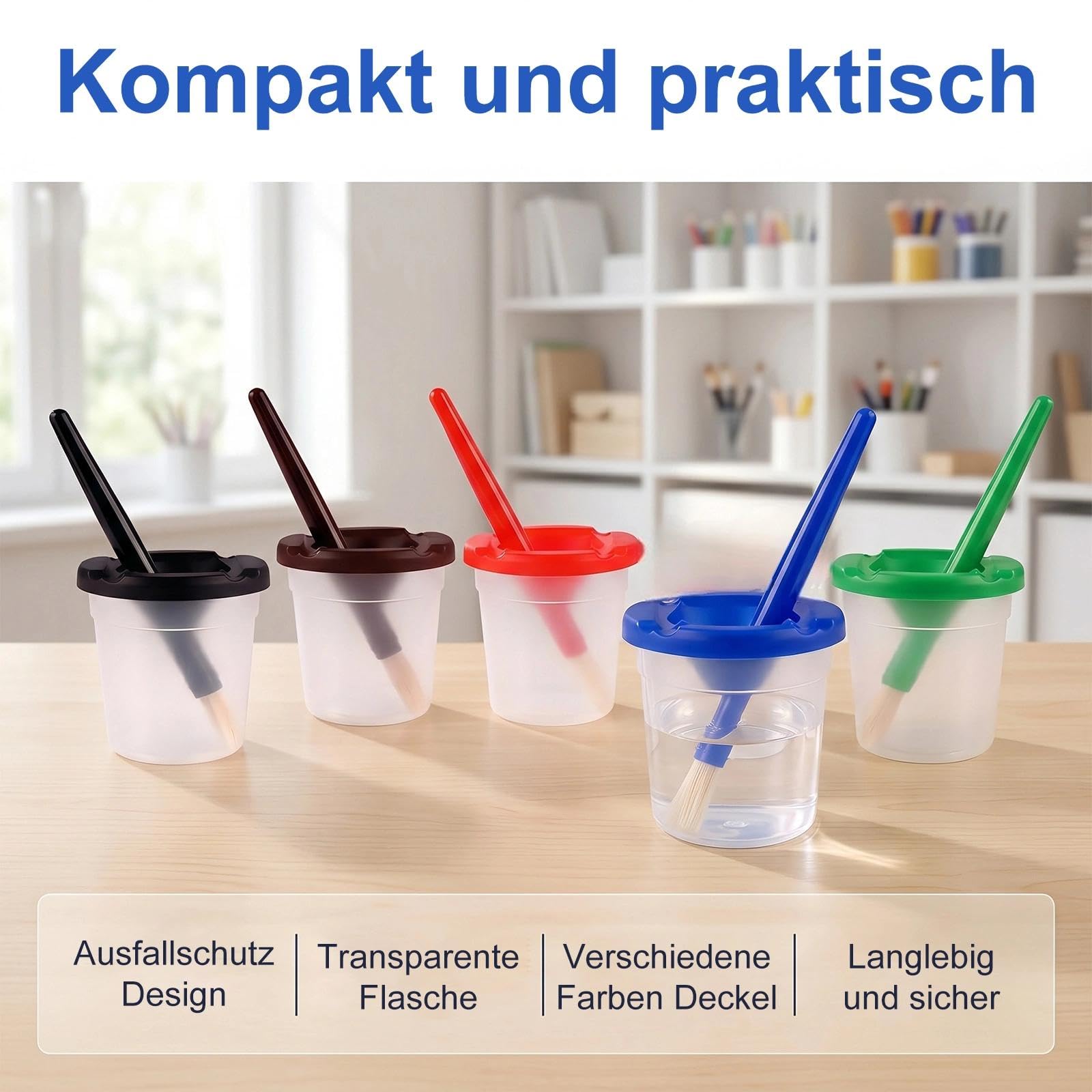 Juego de 5 vasos de pintura con tapa, cinco vasos de pintura a prueba de fugas con tapa y juego de 5 pinceles a prueba de fugas, ideal para acuarela y manualidades