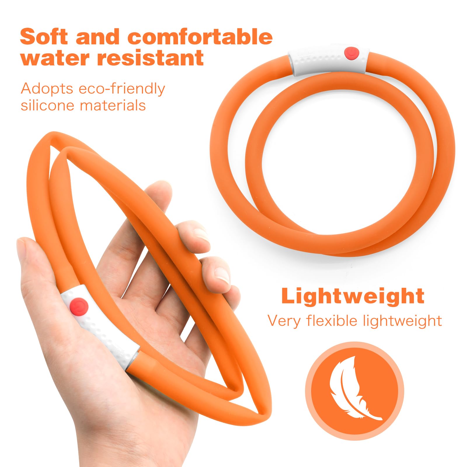 HIGO Collar LED para perro, collares de perro con luz recargable, collar de seguridad de silicona ligera para mascotas para caminar por la noche (naranja-silicona)