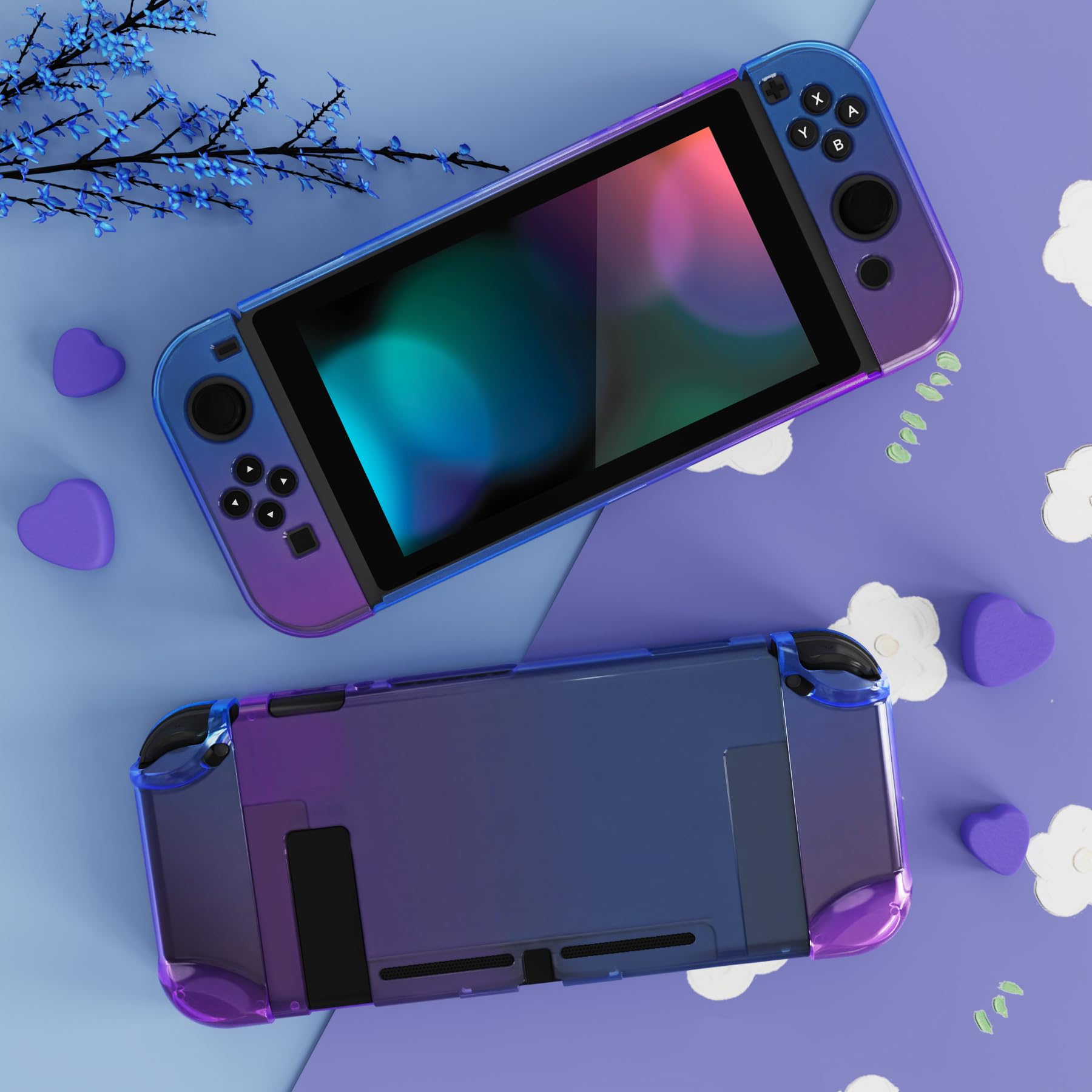 eXtremeRate PlayVital Cover Custodia Protettiva per Nintendo Switch, Copertura Rigida Case Separabile Accessori per Joycon Controller Console, Trasparente Blu Viola - 5