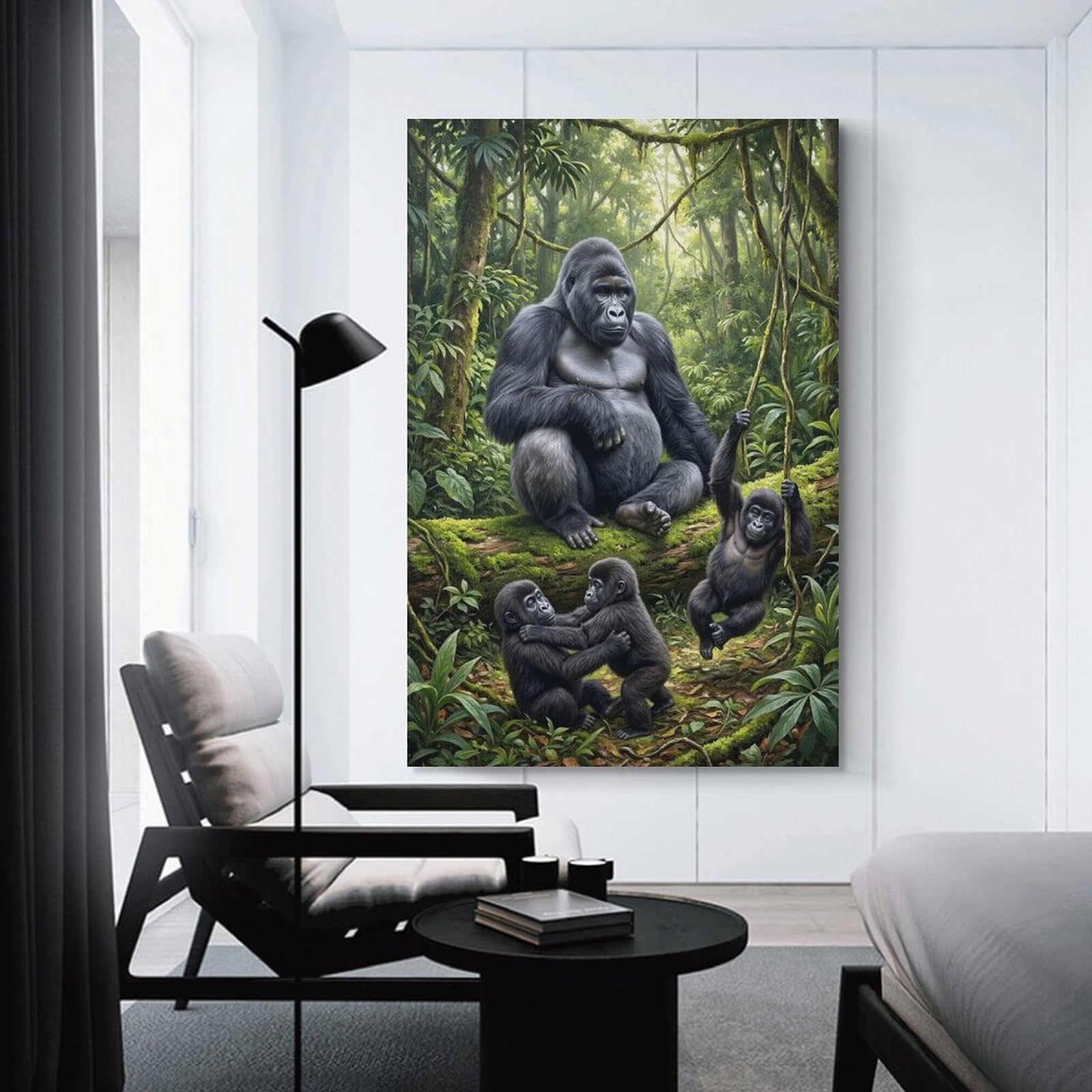 Junmoney Gorilla Family in Lush Jungle Decorative Canvas Print 20x30inch(50x75cm), for Study, Office Or Focused Interiors, Wall Art That Adds Style to Work Areas