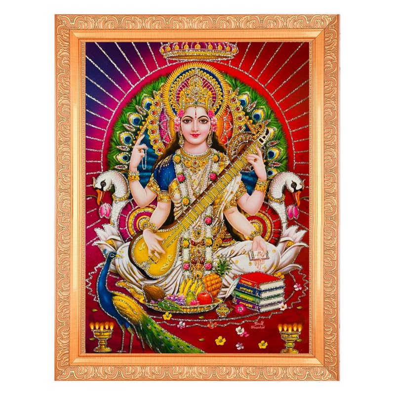 Maa Saraswati Zari tableau cadre doré 35x45 cm idée cadeau pendaison de crémaillère