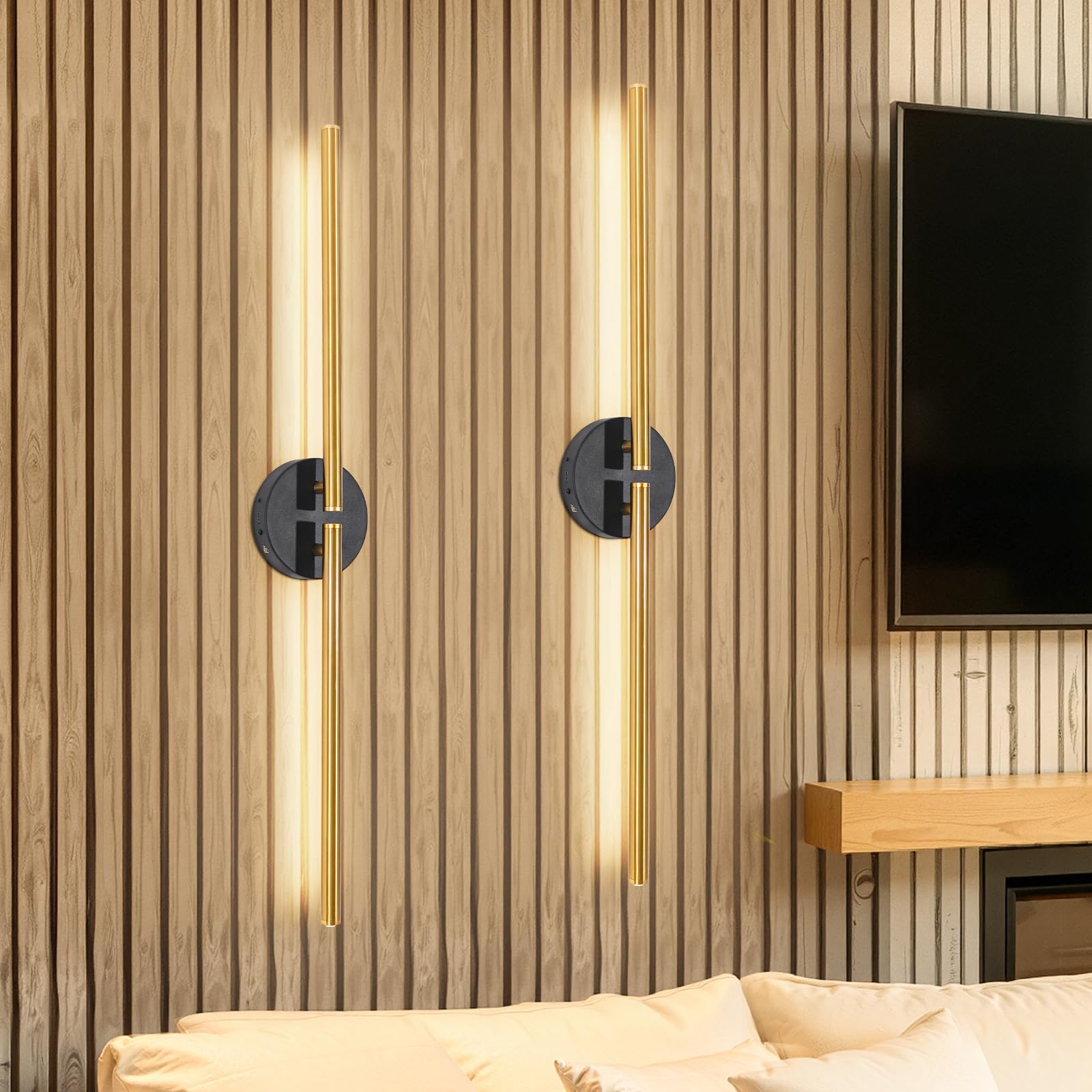 Dehobo Battery Operated Wall Lights Set of 2-300° Rotation Rechargeable Wall Sconce Lights 6600mAh with Remote Control Gold 77CM - Dimmable Wireless Wall Lights 3 Color Temperature for Living Room