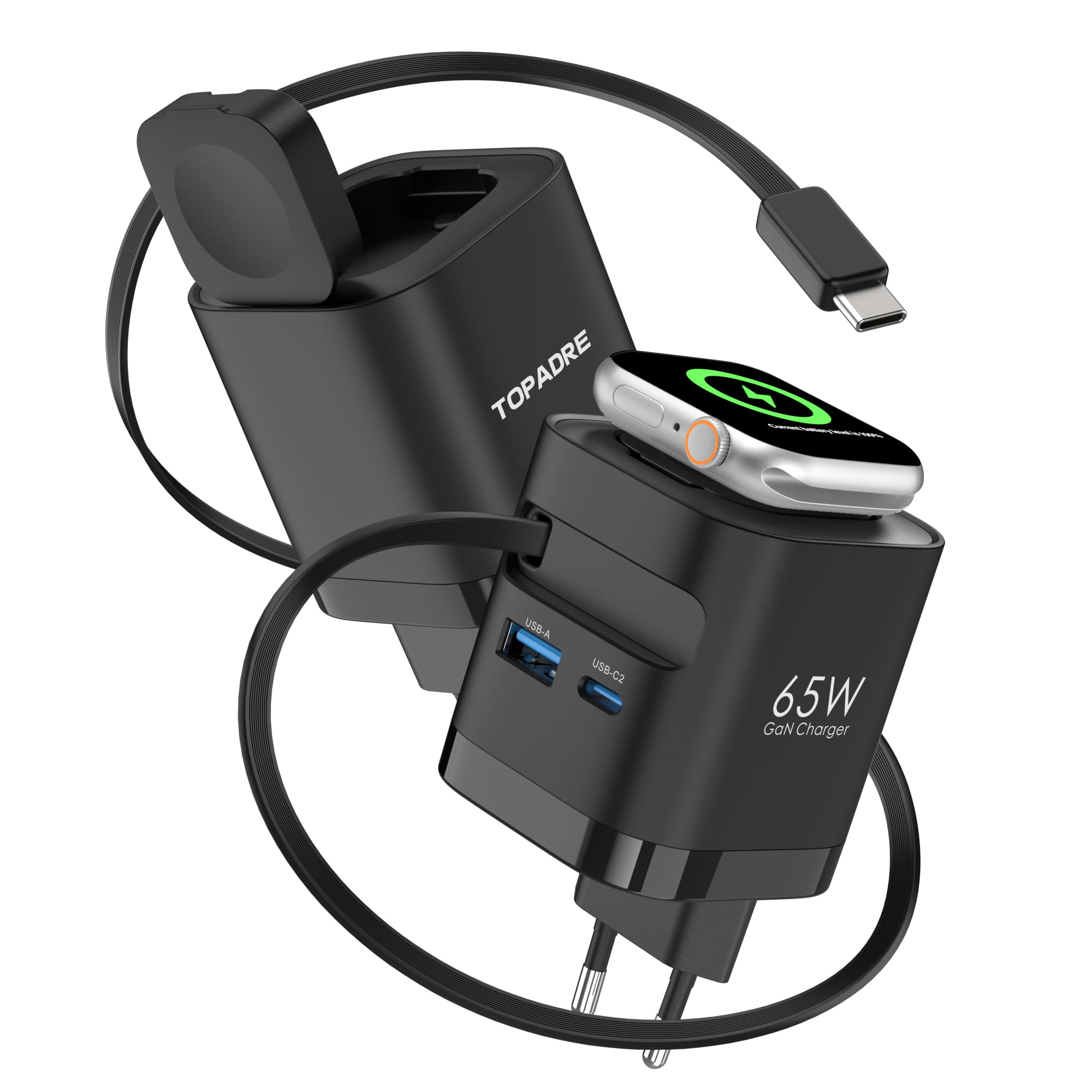 65W USB C Chargeur avec Rétractable câbles pour Apple Watch, Adaptateur Secteur USB C GaN à 4 Ports avec câble pour Apple Watch Ultra/11/10/9/8/7/SE, pour MacBook, pour iPhone, pour iPad. Noir