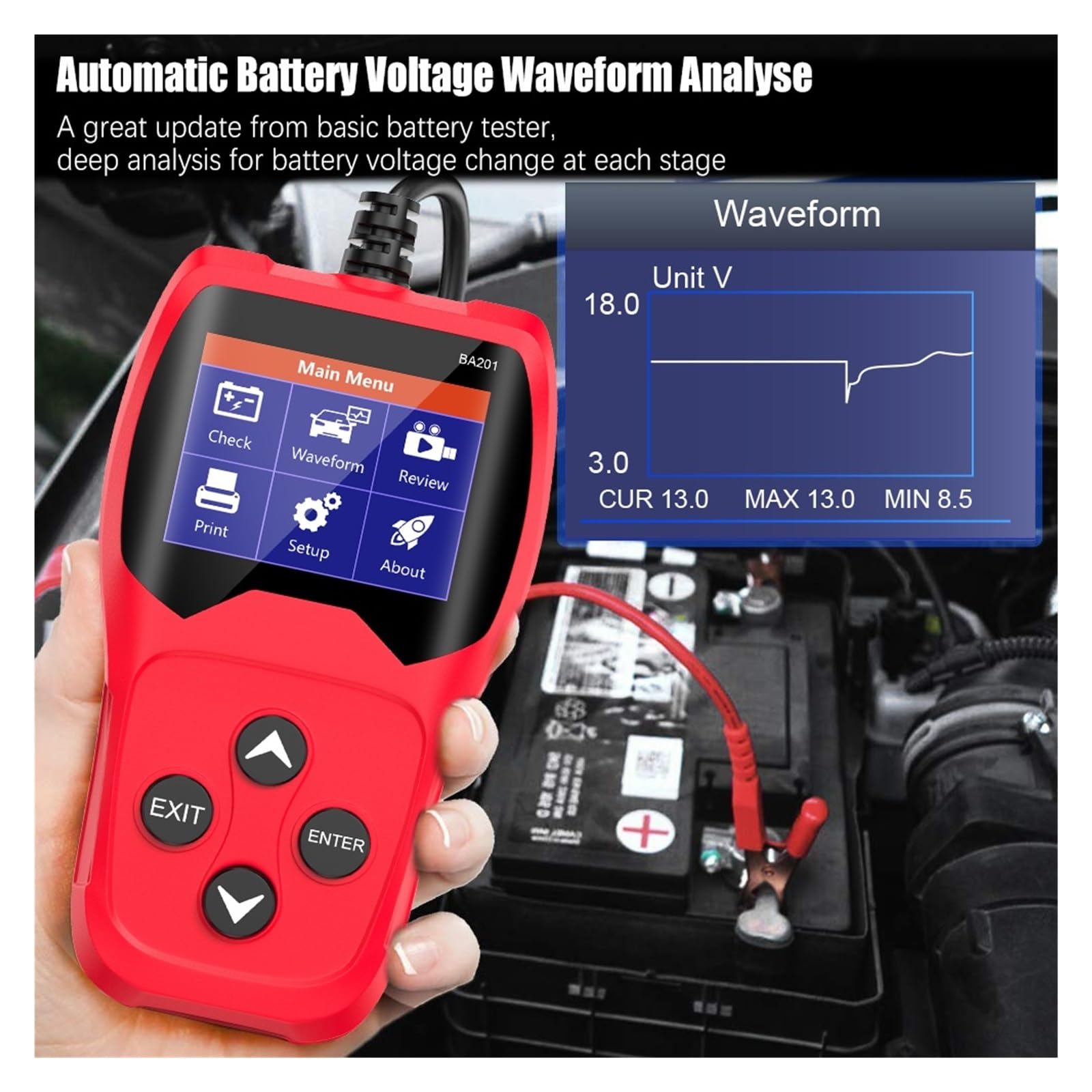 Tester Akumulatora Samochodowego Do Motocykla Przeanalizuj Narzędzia Testowania 2000CCA 12V Ładowanie Szybkie Rozruchu Diagnostyka Szybkie Dokładne Wykrywanie(Ancel BA201 Black)